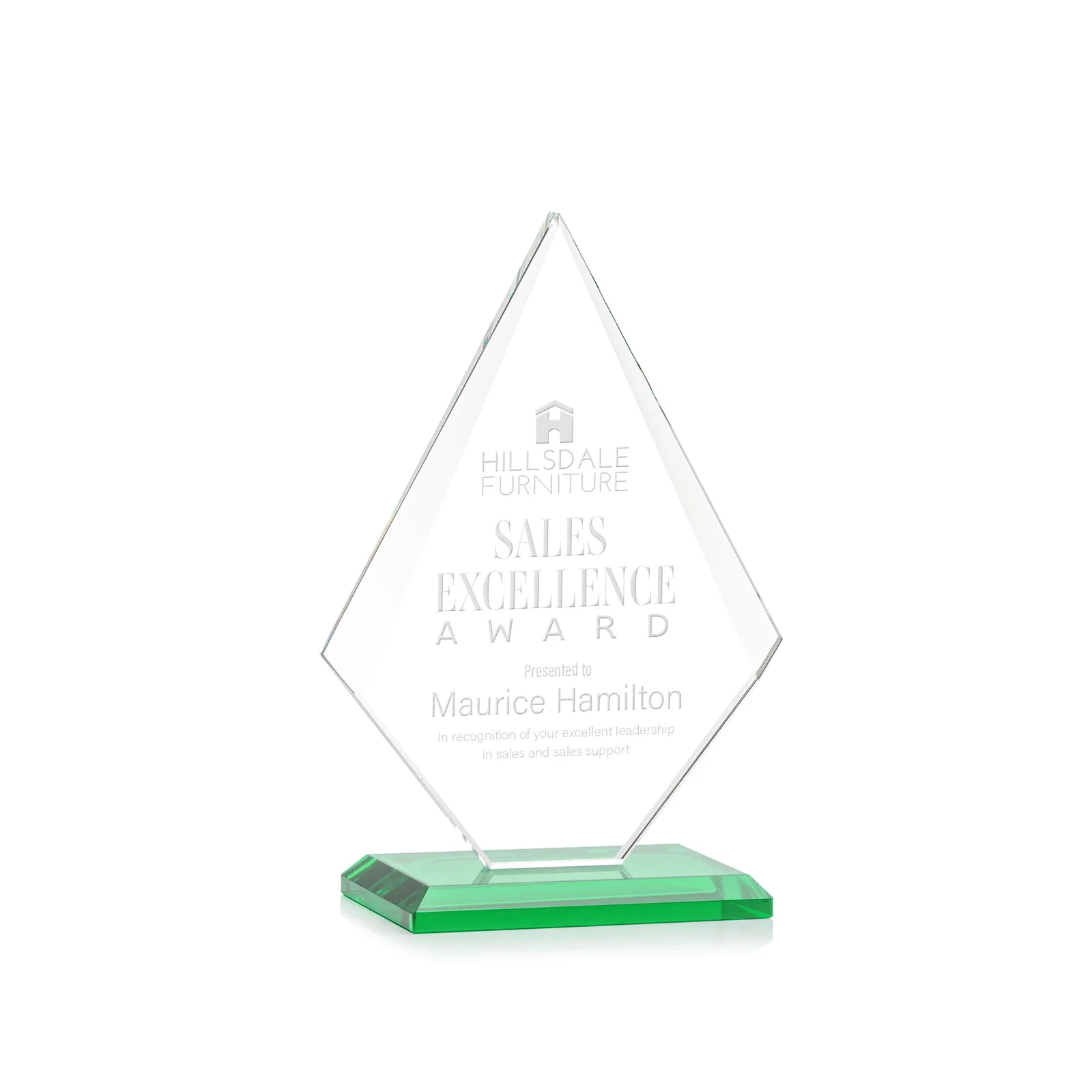 Personalized Jade Glass Diamond Award With Eight Distinct Colored Bases for service anniversary gifts
