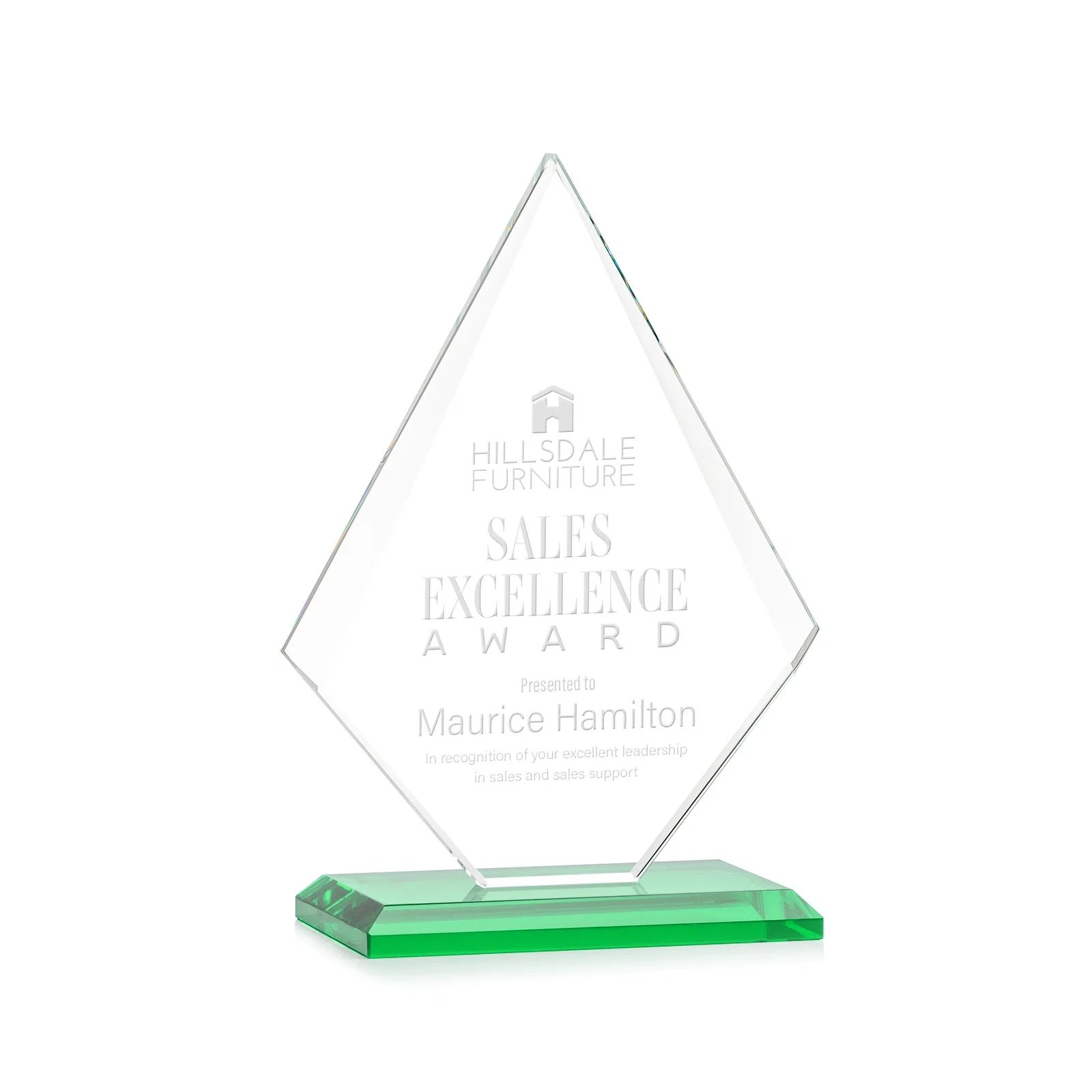Personalized Jade Glass Diamond Award With Eight Distinct Colored Bases for sales achievement awards