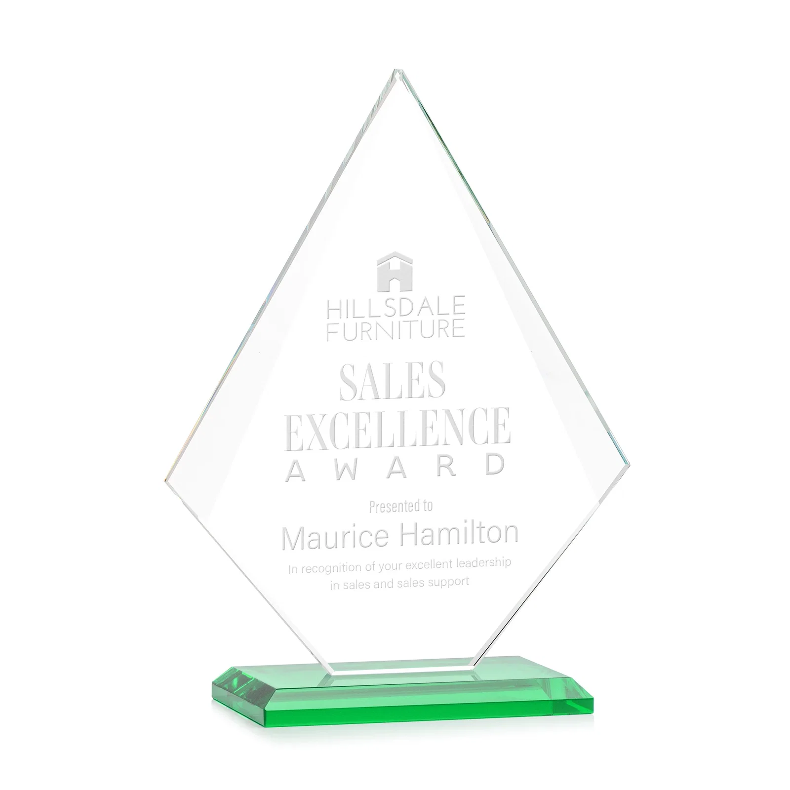 Personalized Jade Glass Diamond Award With Eight Distinct Colored Bases for retirement presentations