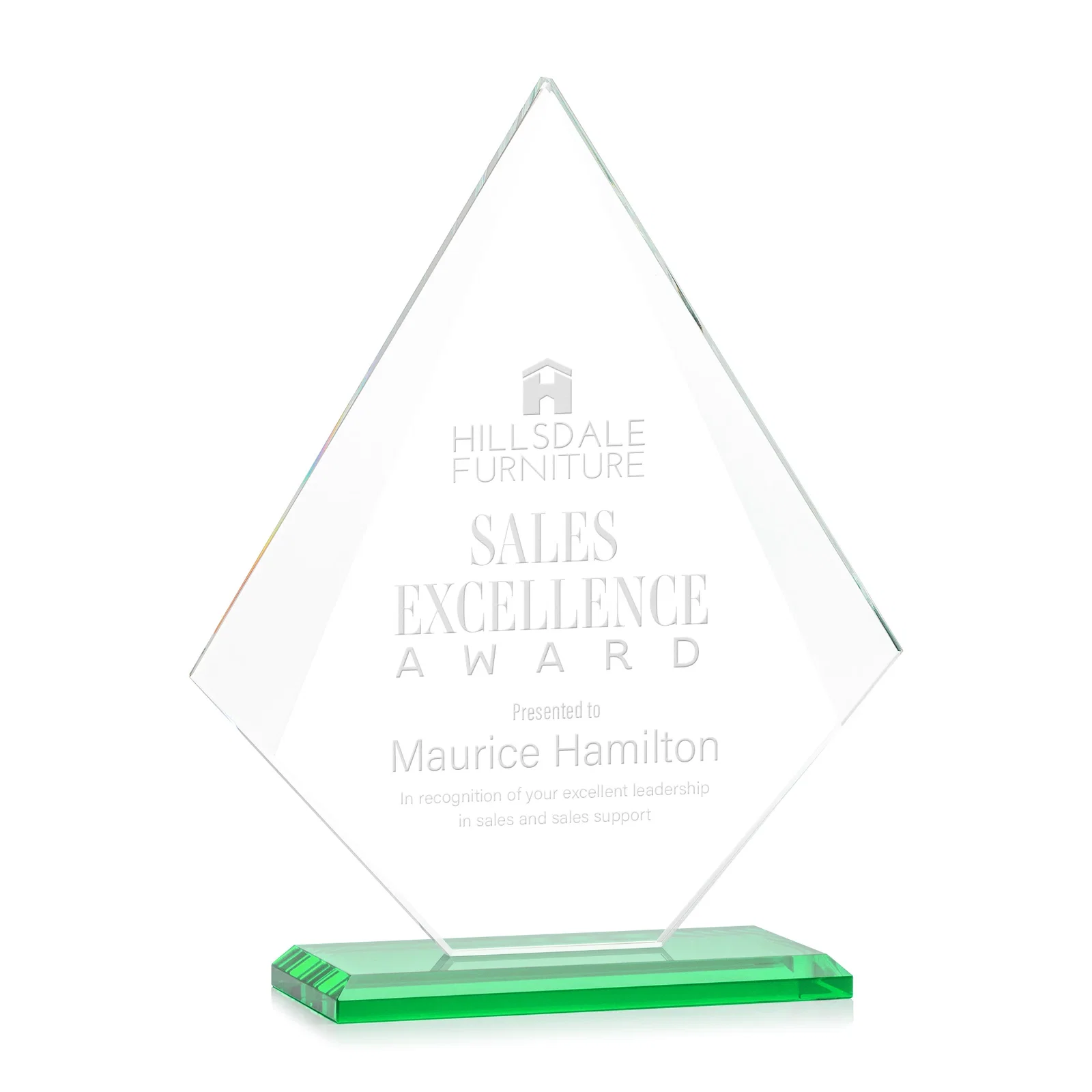 Personalized Jade Glass Diamond Award With Eight Distinct Colored Bases for team milestone celebrations