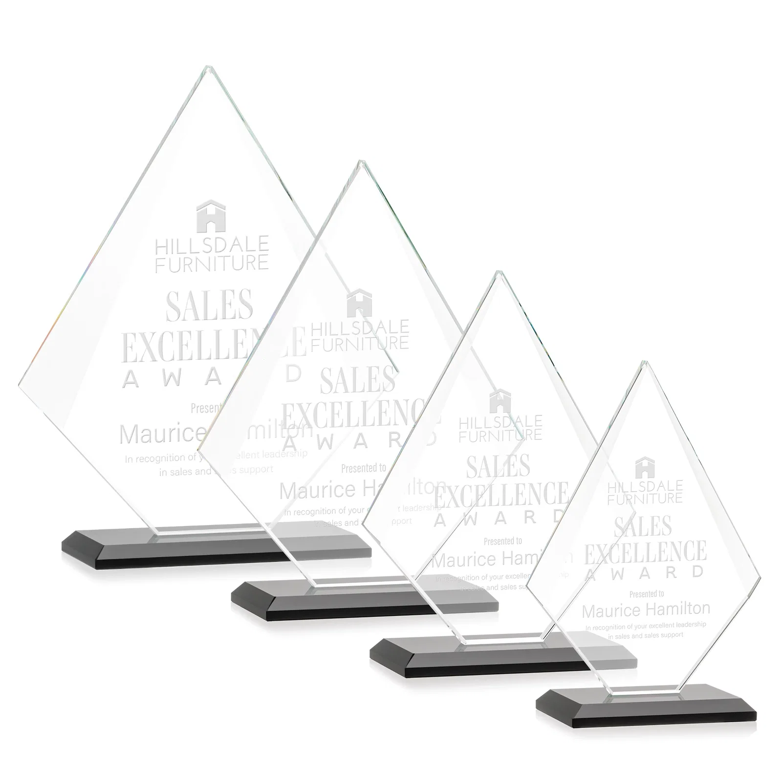 Personalized Jade Glass Diamond Award With Eight Distinct Colored Bases for donor appreciation