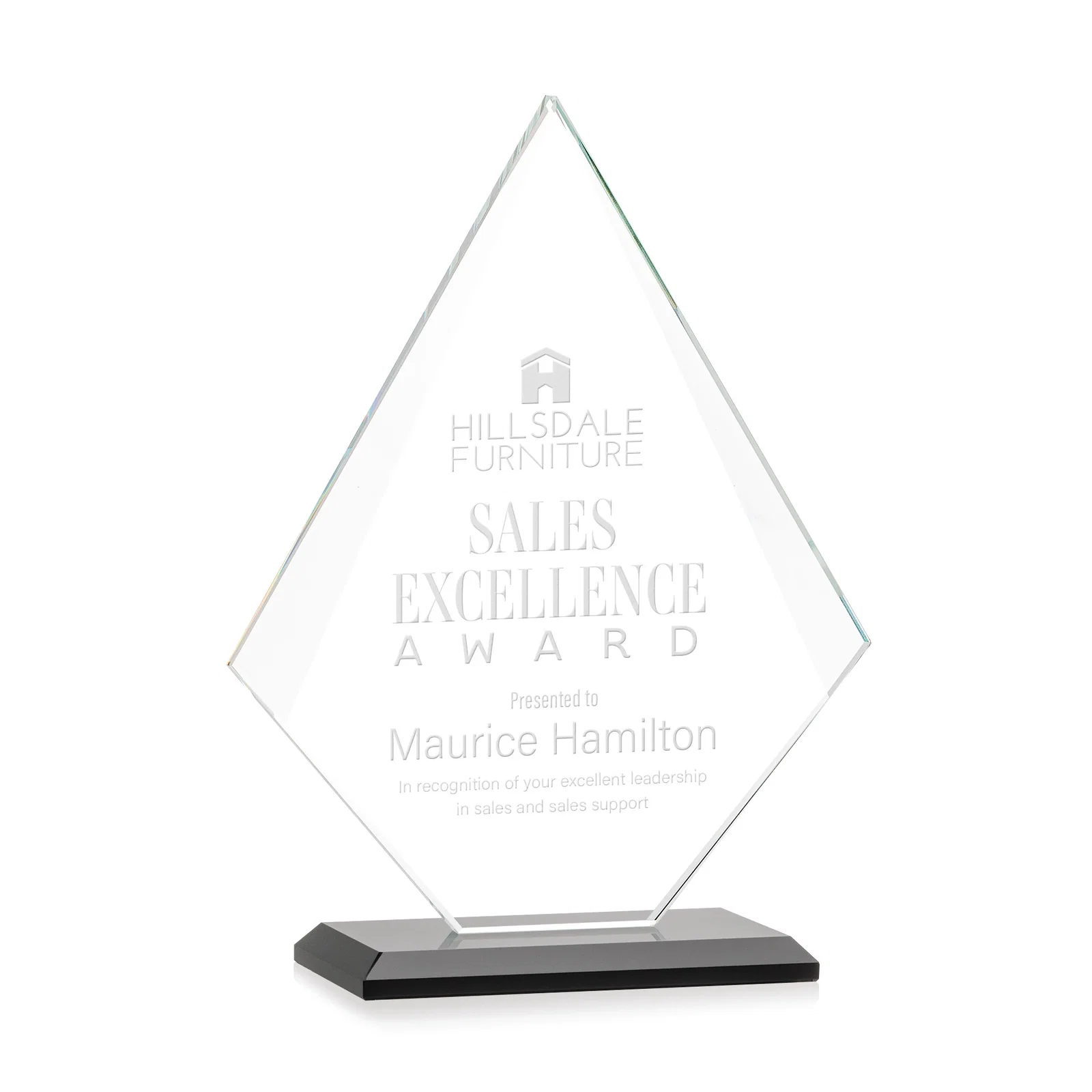 Personalized Jade Glass Diamond Award With Eight Distinct Colored Bases for volunteer appreciation