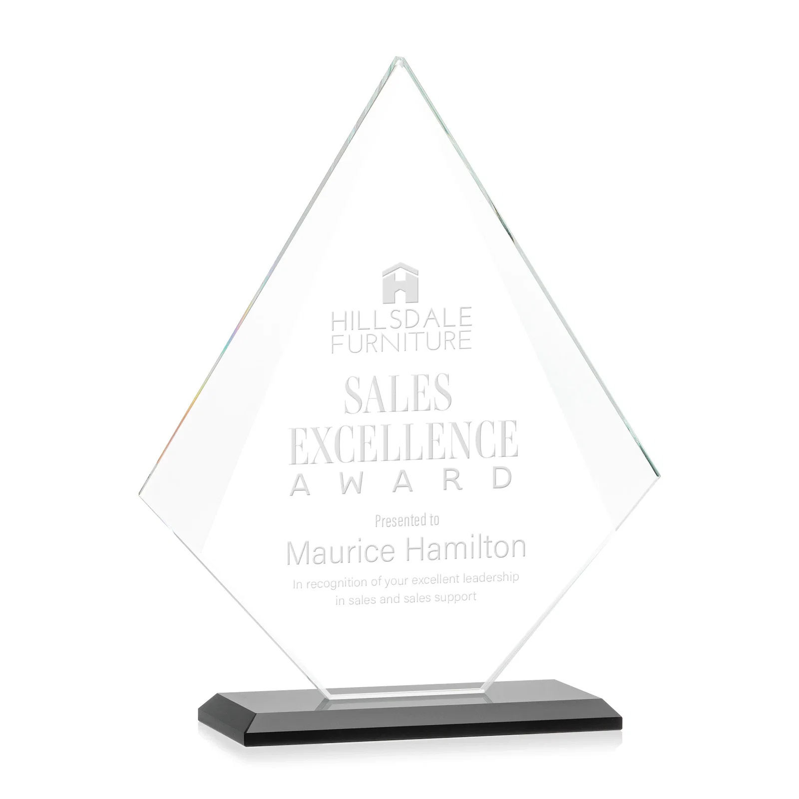 Personalized Jade Glass Diamond Award With Eight Distinct Colored Bases for dealer and partner awards