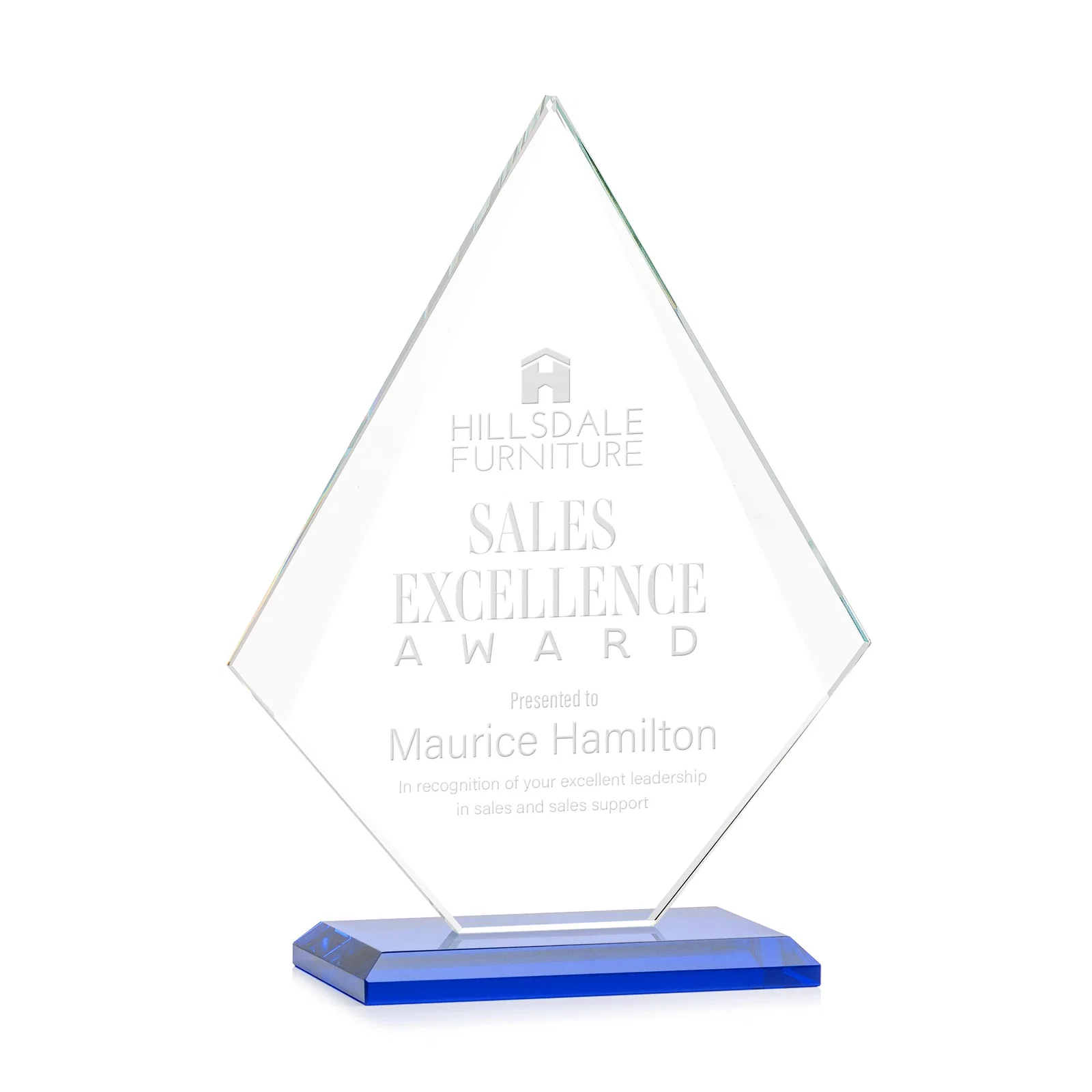 Promotional Jade Glass Diamond Award With Eight Distinct Colored Bases for service anniversary gifts