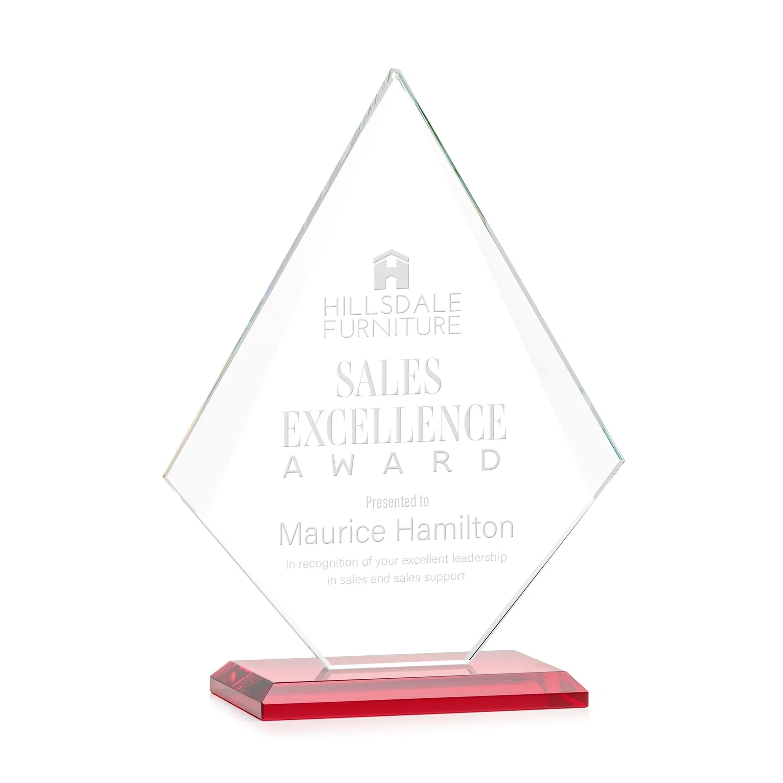 Branded Jade Glass Diamond Award With Eight Distinct Colored Bases for employee recognition