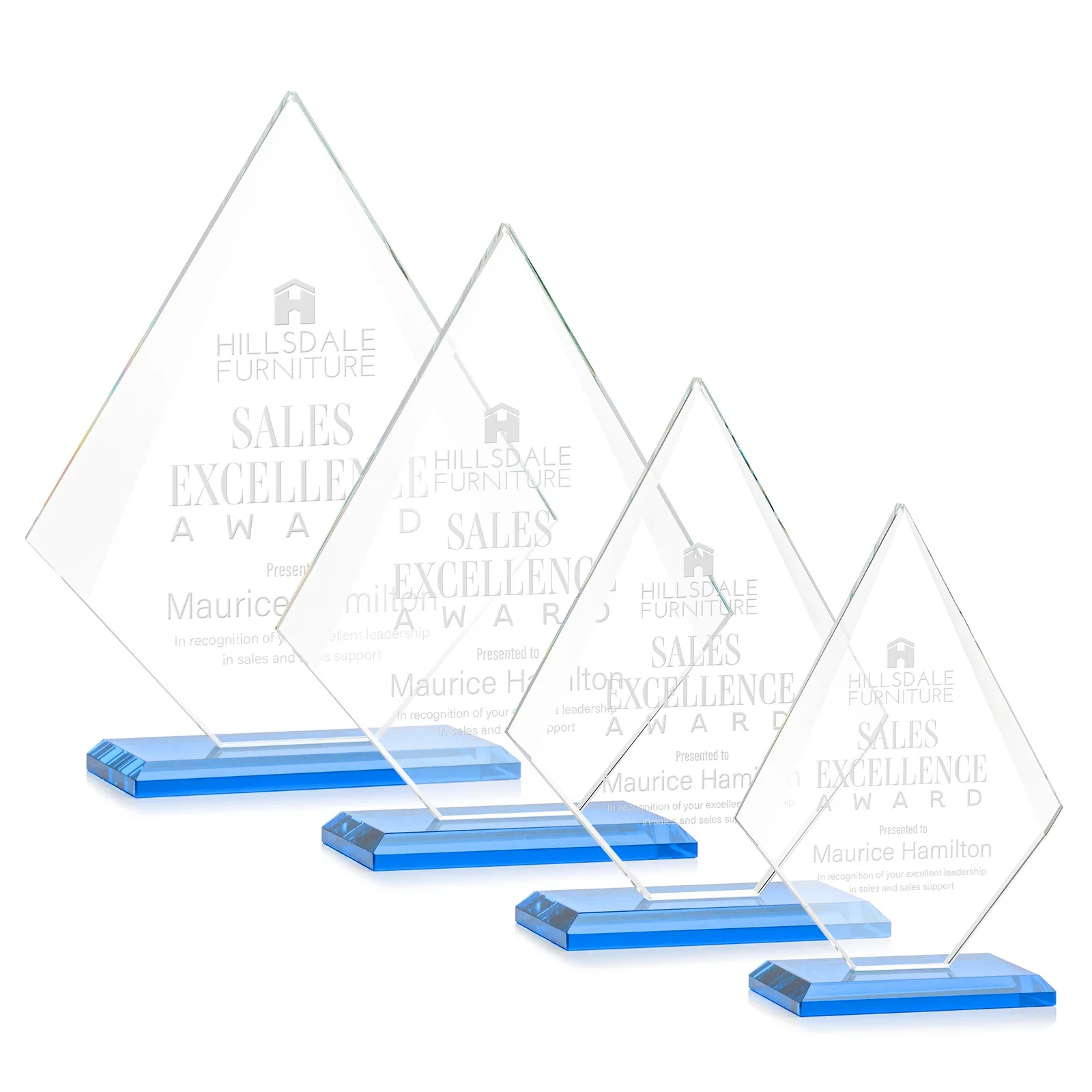 Branded Jade Glass Diamond Award With Eight Distinct Colored Bases for service anniversary gifts