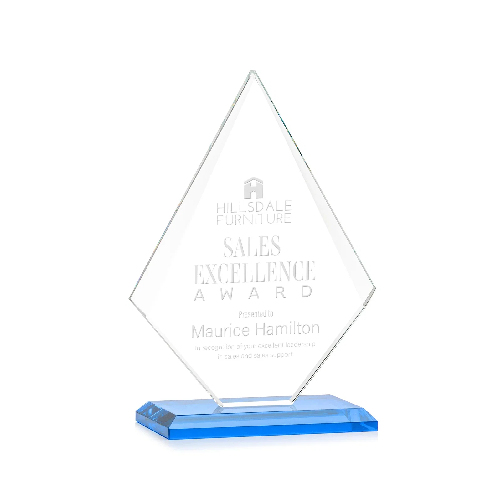 Branded Jade Glass Diamond Award With Eight Distinct Colored Bases for retirement presentations