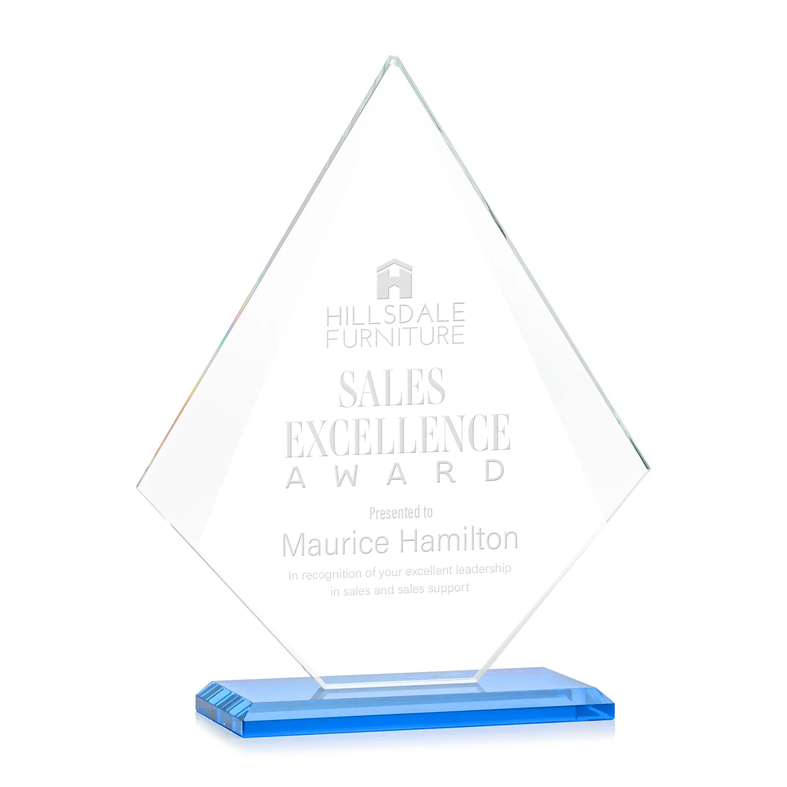 Branded Jade Glass Diamond Award With Eight Distinct Colored Bases for donor appreciation