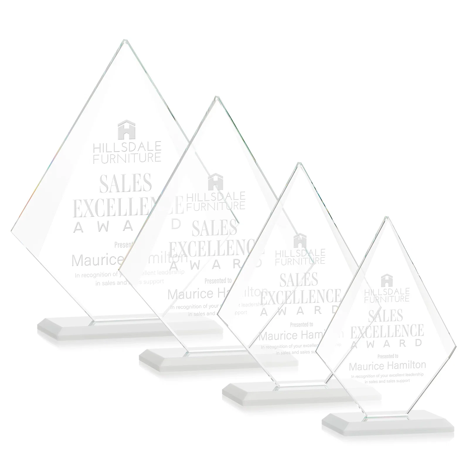 Branded Jade Glass Diamond Award With Eight Distinct Colored Bases for graduation ceremonies