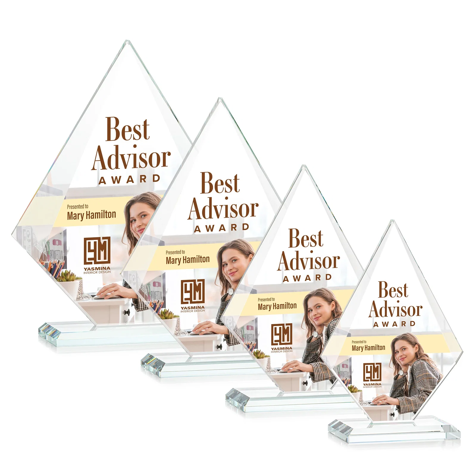 Custom printed Jade Glass Diamond Award With Eight Distinct Colored Bases for employee recognition