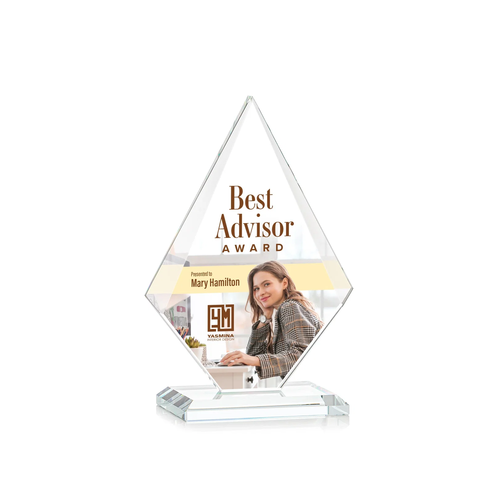 Custom printed Jade Glass Diamond Award With Eight Distinct Colored Bases for corporate award ceremonies