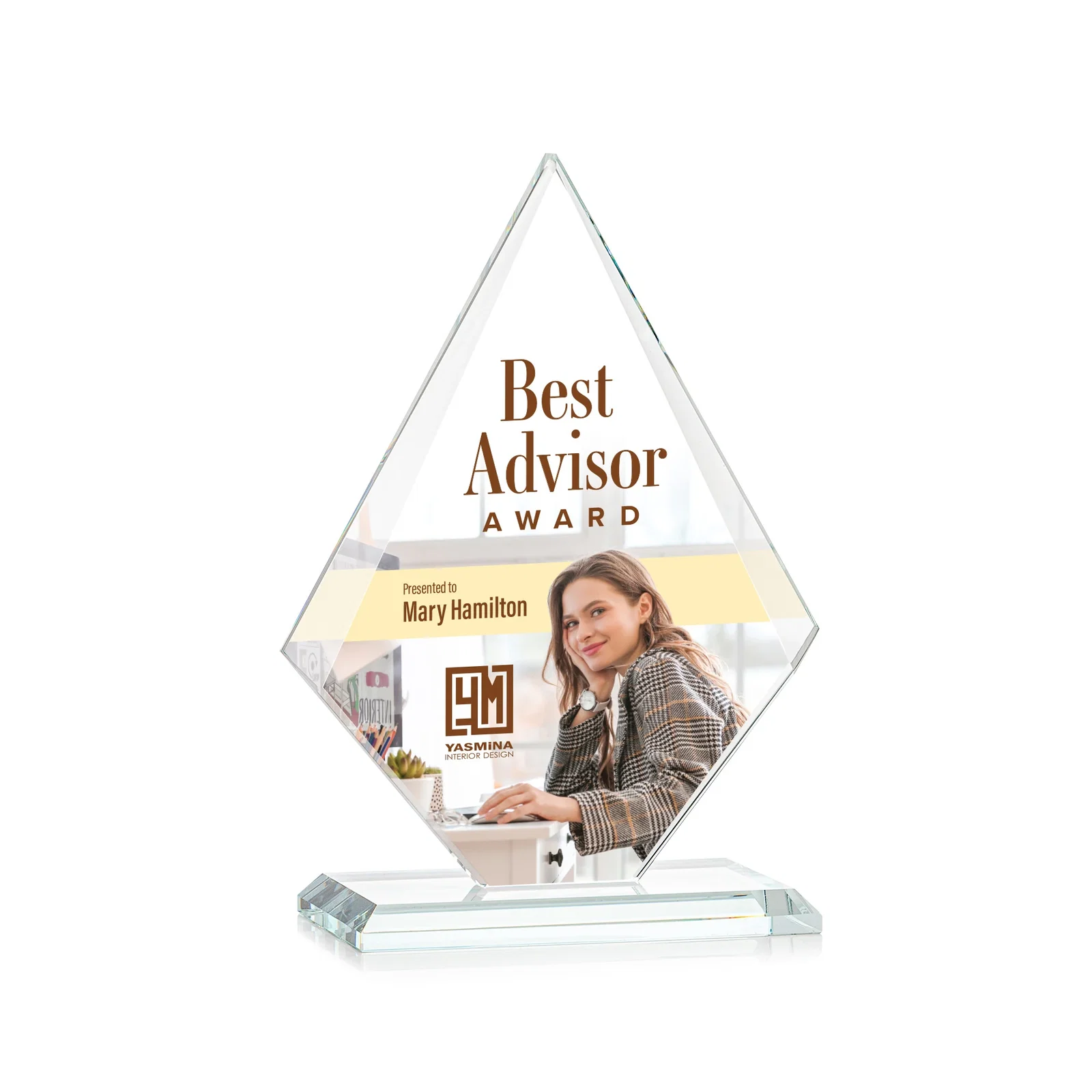 Custom printed Jade Glass Diamond Award With Eight Distinct Colored Bases for service anniversary gifts