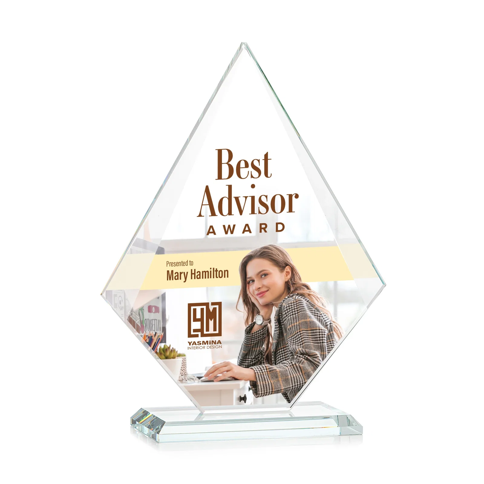 Custom printed Jade Glass Diamond Award With Eight Distinct Colored Bases for sales achievement awards
