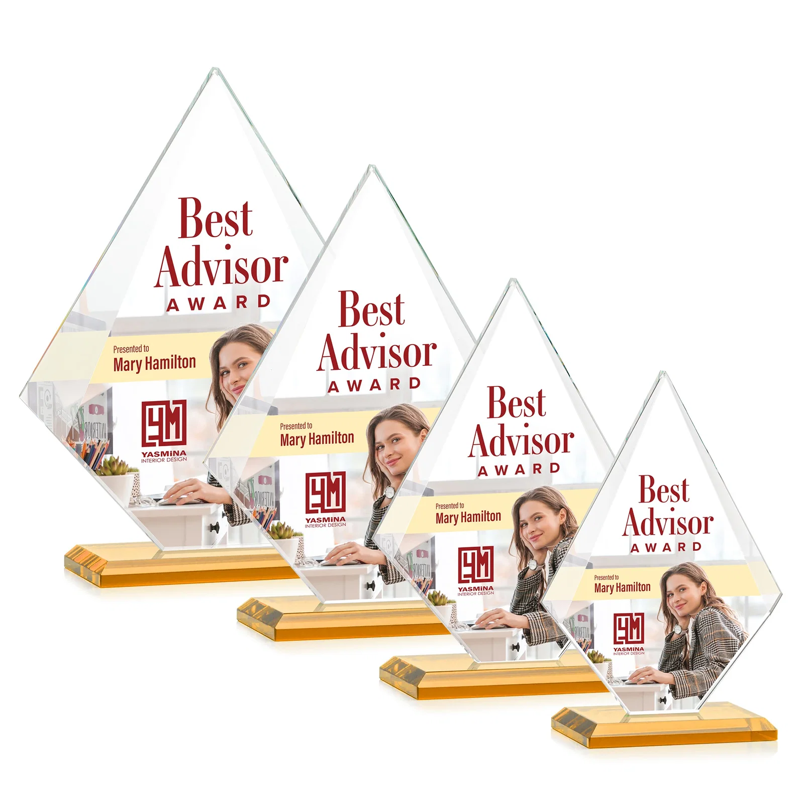 Custom printed Jade Glass Diamond Award With Eight Distinct Colored Bases for team milestone celebrations