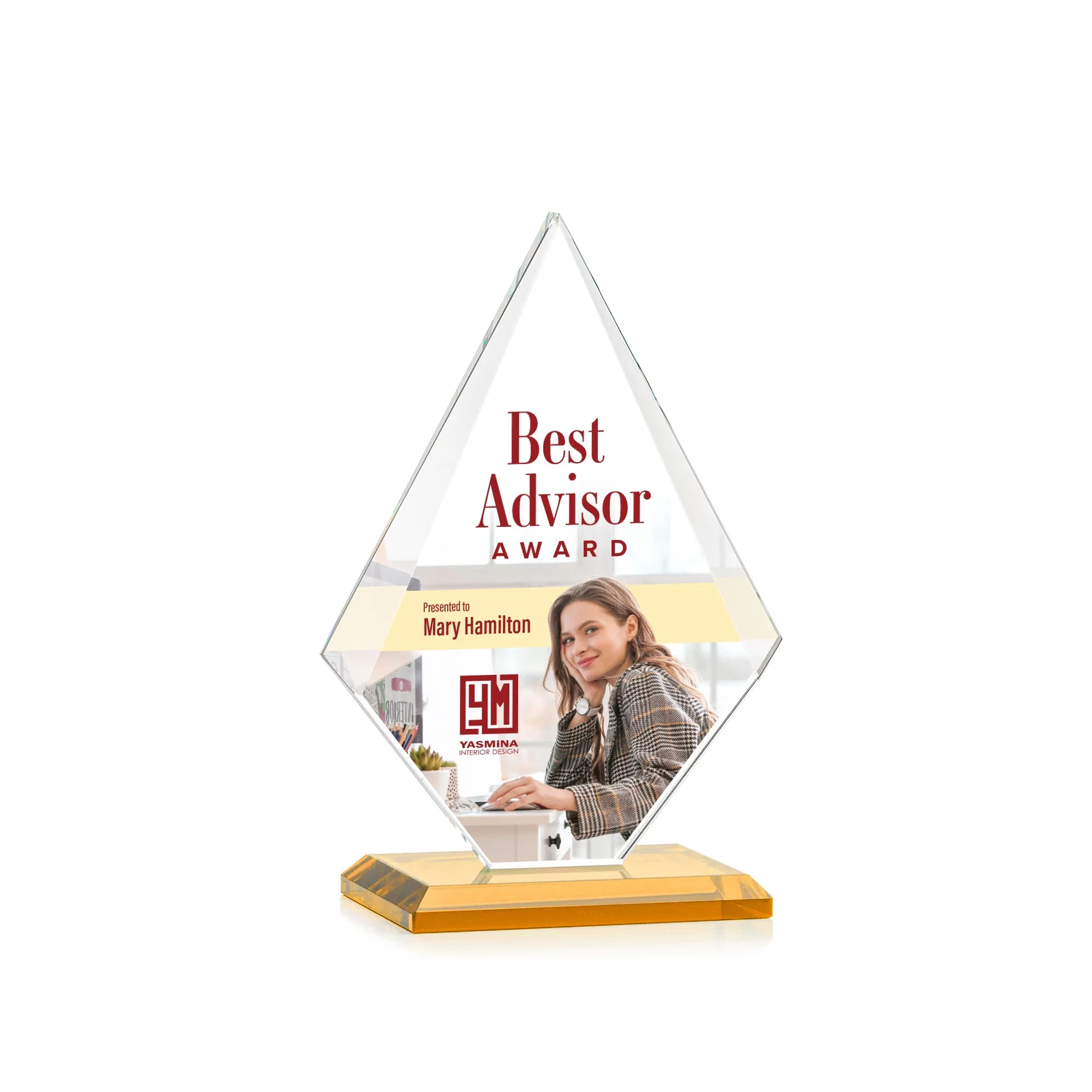 Custom printed Jade Glass Diamond Award With Eight Distinct Colored Bases for donor appreciation