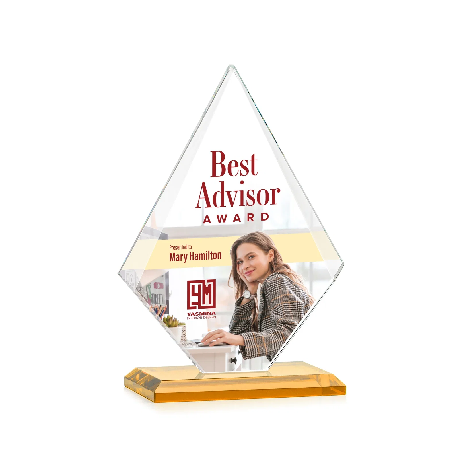 Custom printed Jade Glass Diamond Award With Eight Distinct Colored Bases for graduation ceremonies