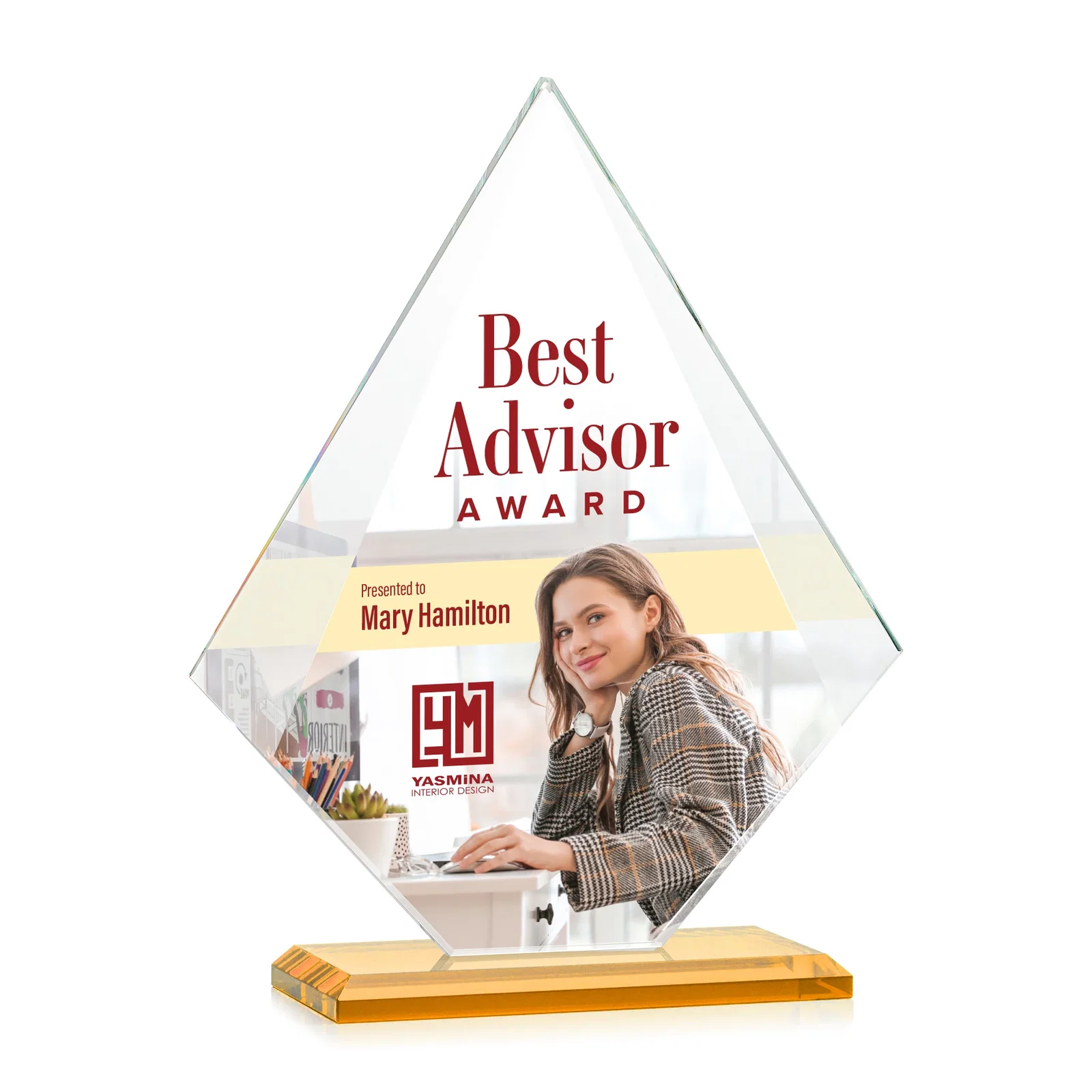 Custom printed Jade Glass Diamond Award With Eight Distinct Colored Bases for volunteer appreciation