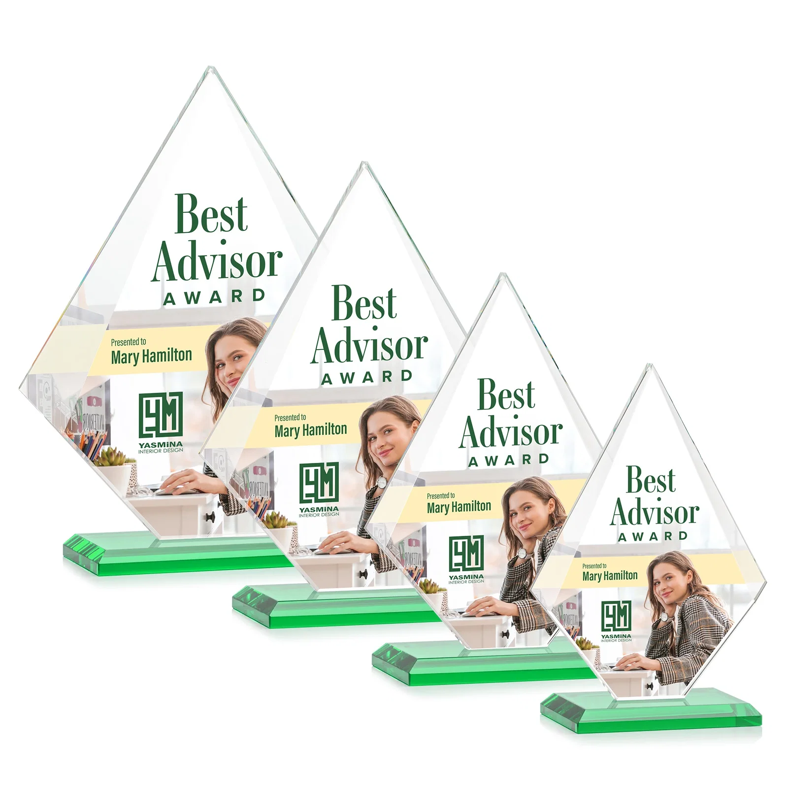 Custom printed Jade Glass Diamond Award With Eight Distinct Colored Bases for dealer and partner awards