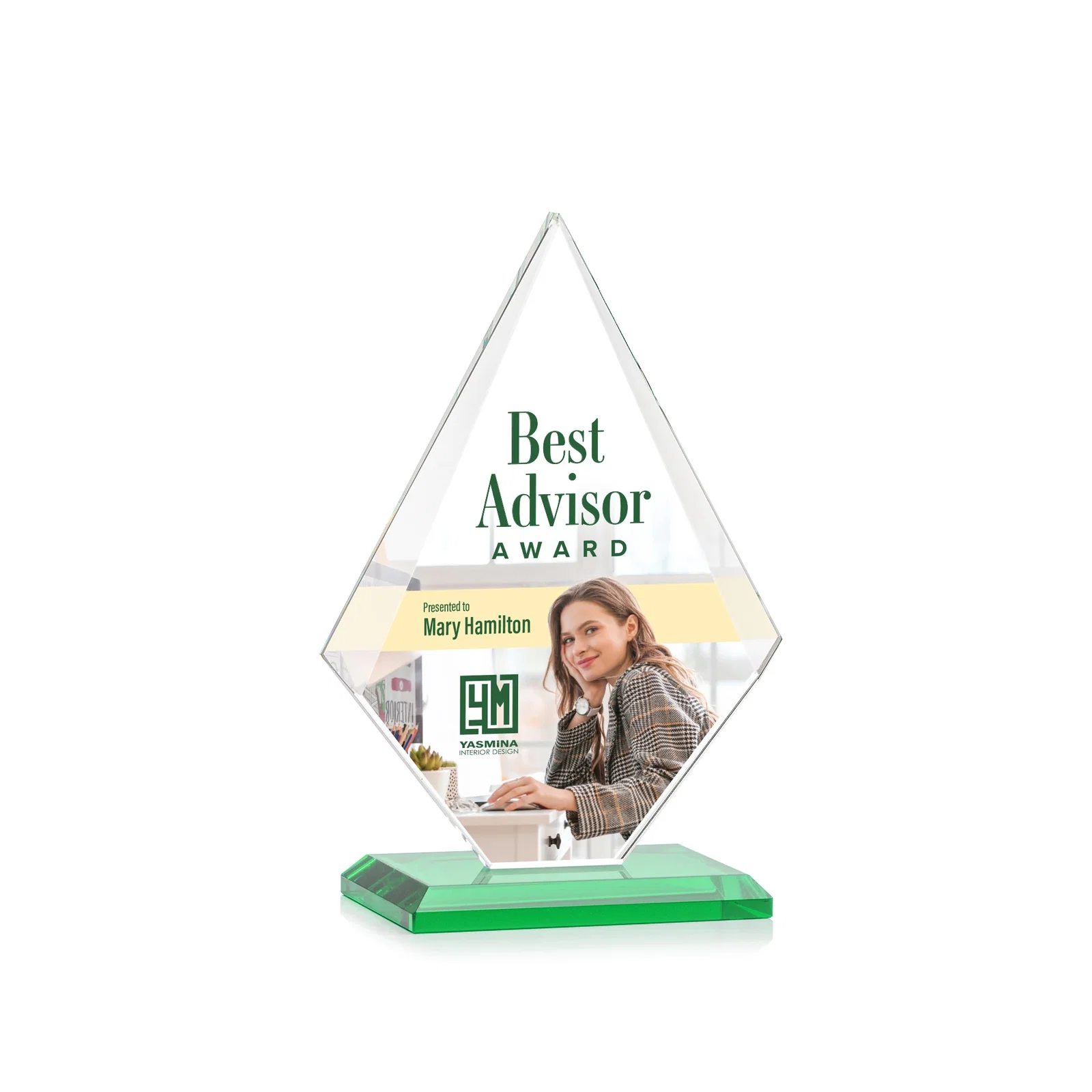 Custom printed Jade Glass Diamond Award With Eight Distinct Colored Bases for company anniversary events