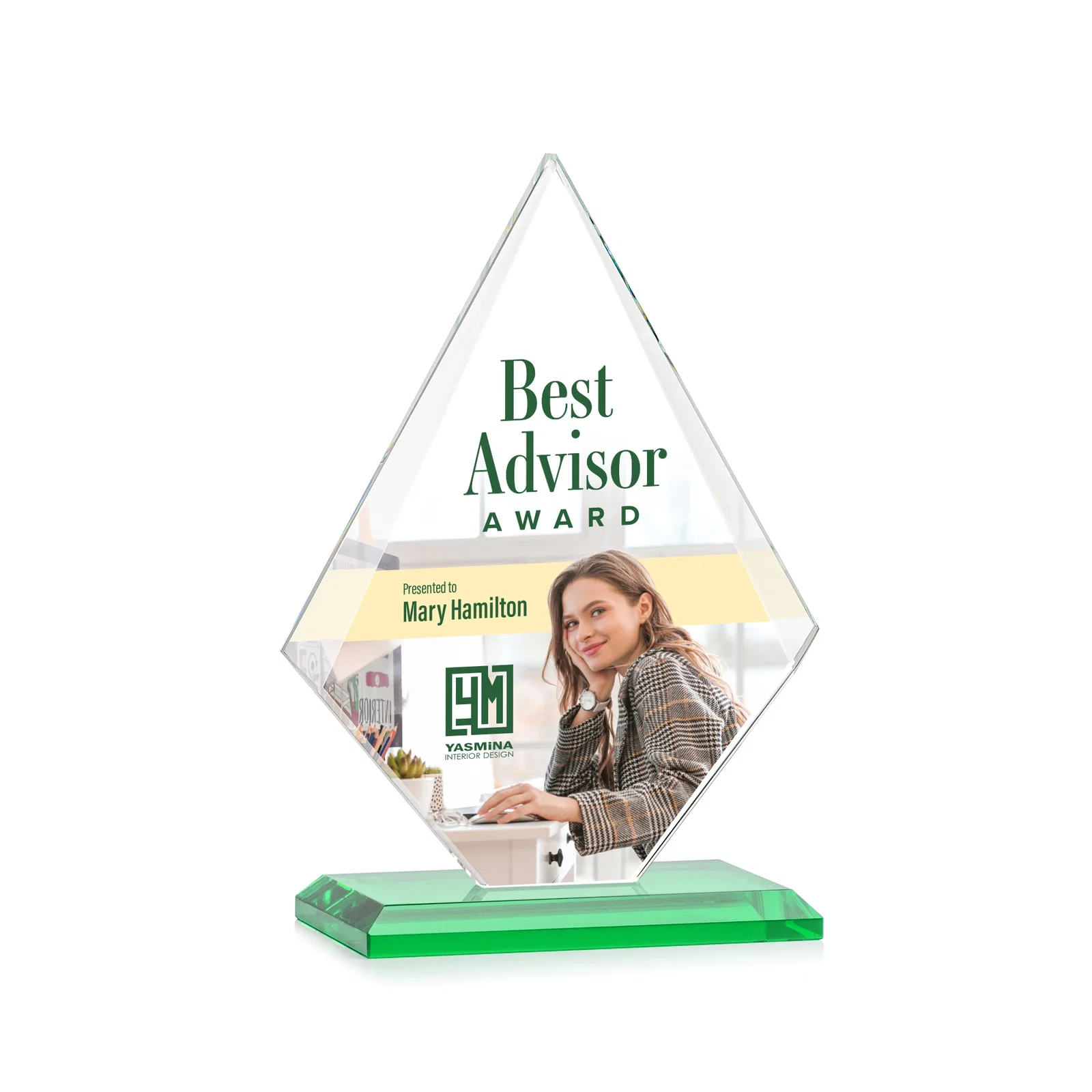 Customized Jade Glass Diamond Award With Eight Distinct Colored Bases for employee recognition