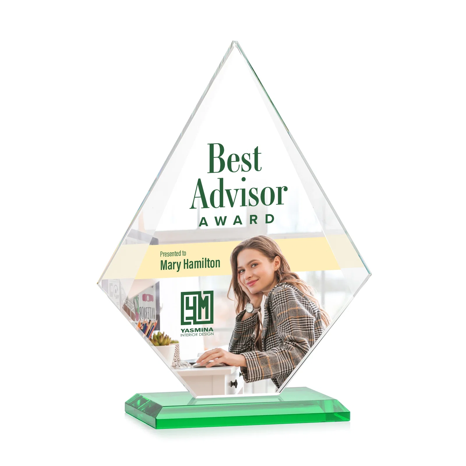 Customized Jade Glass Diamond Award With Eight Distinct Colored Bases for corporate award ceremonies