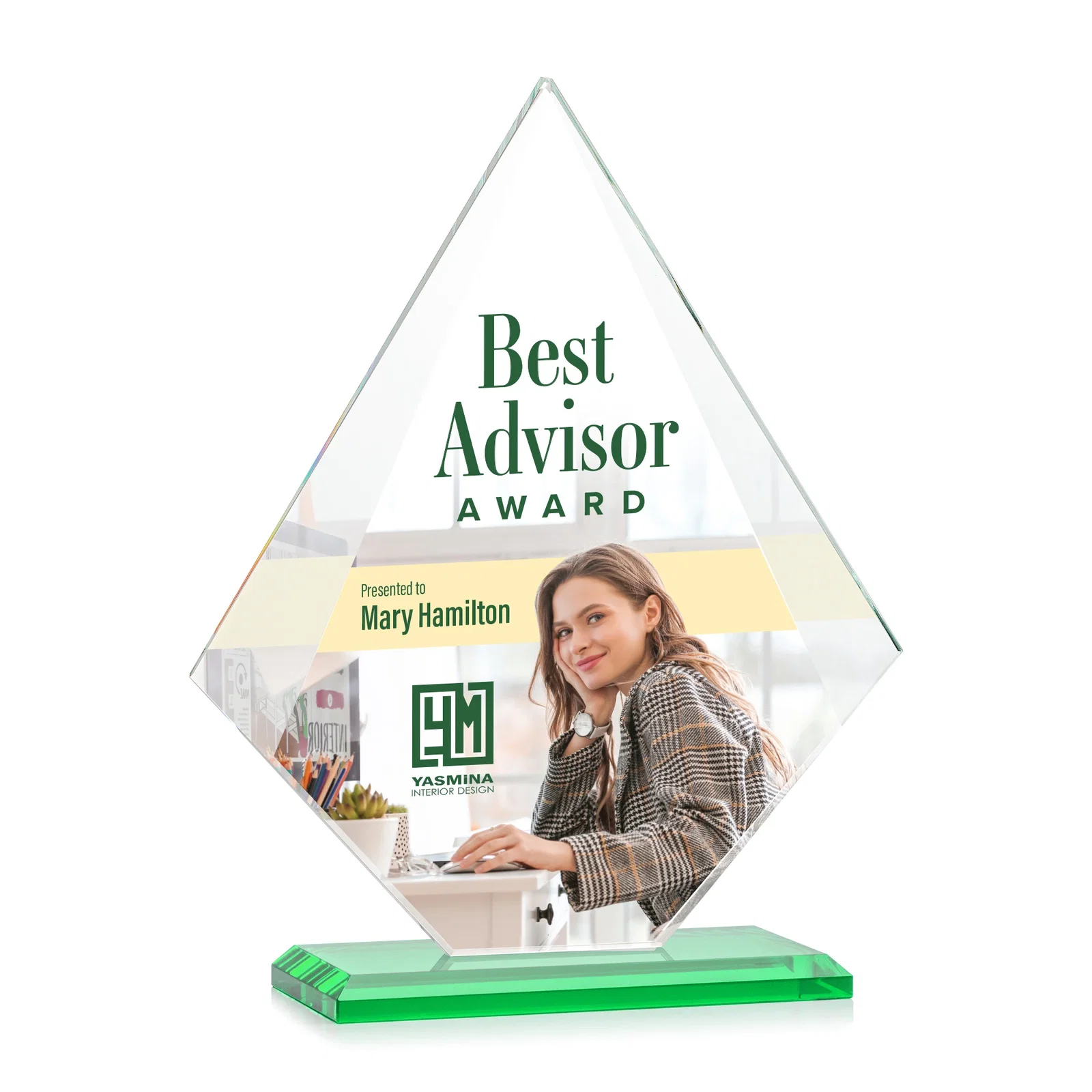 Customized Jade Glass Diamond Award With Eight Distinct Colored Bases for service anniversary gifts