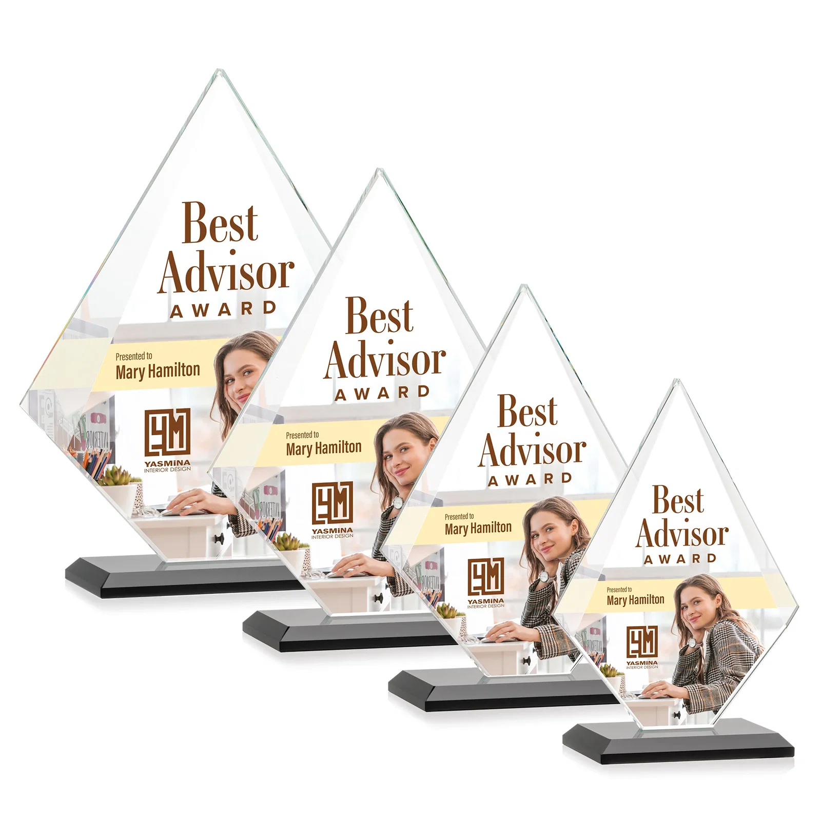 Customized Jade Glass Diamond Award With Eight Distinct Colored Bases for sales achievement awards