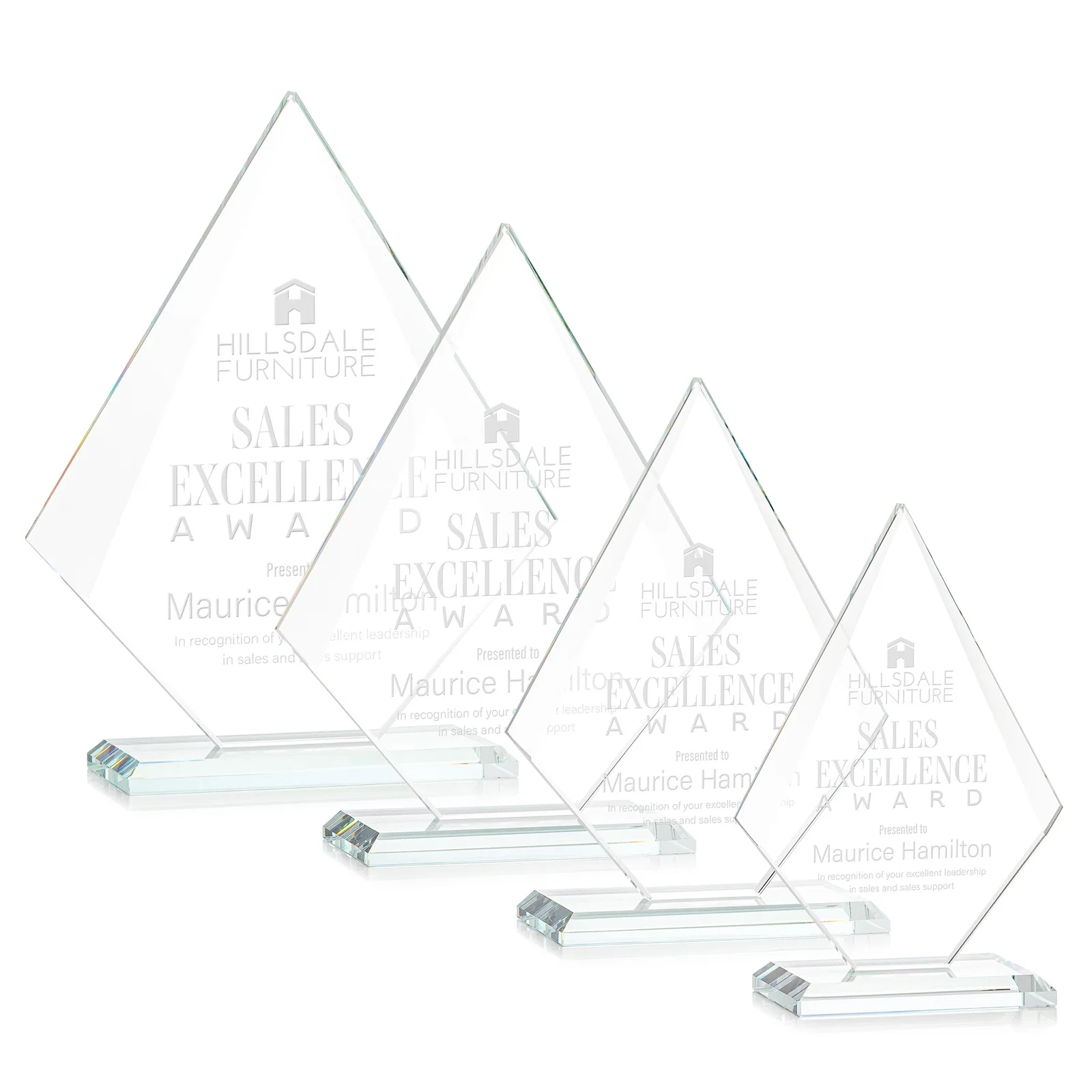 Custom Jade Glass Diamond Award With Eight Distinct Colored Bases for sales achievement awards