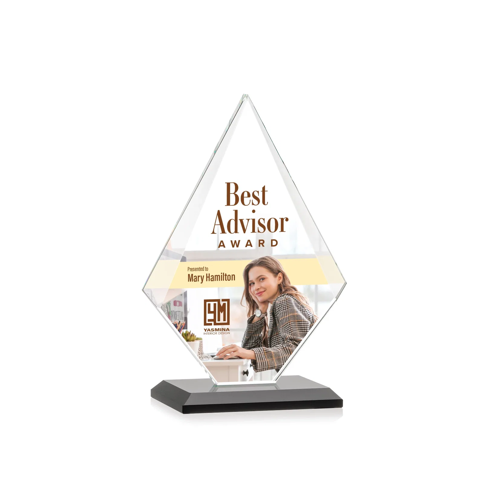 Customized Jade Glass Diamond Award With Eight Distinct Colored Bases for retirement presentations