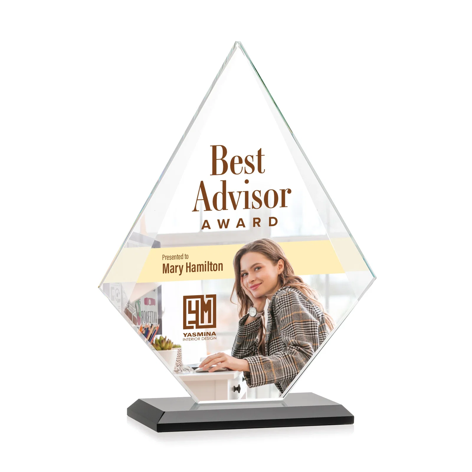Customized Jade Glass Diamond Award With Eight Distinct Colored Bases for donor appreciation