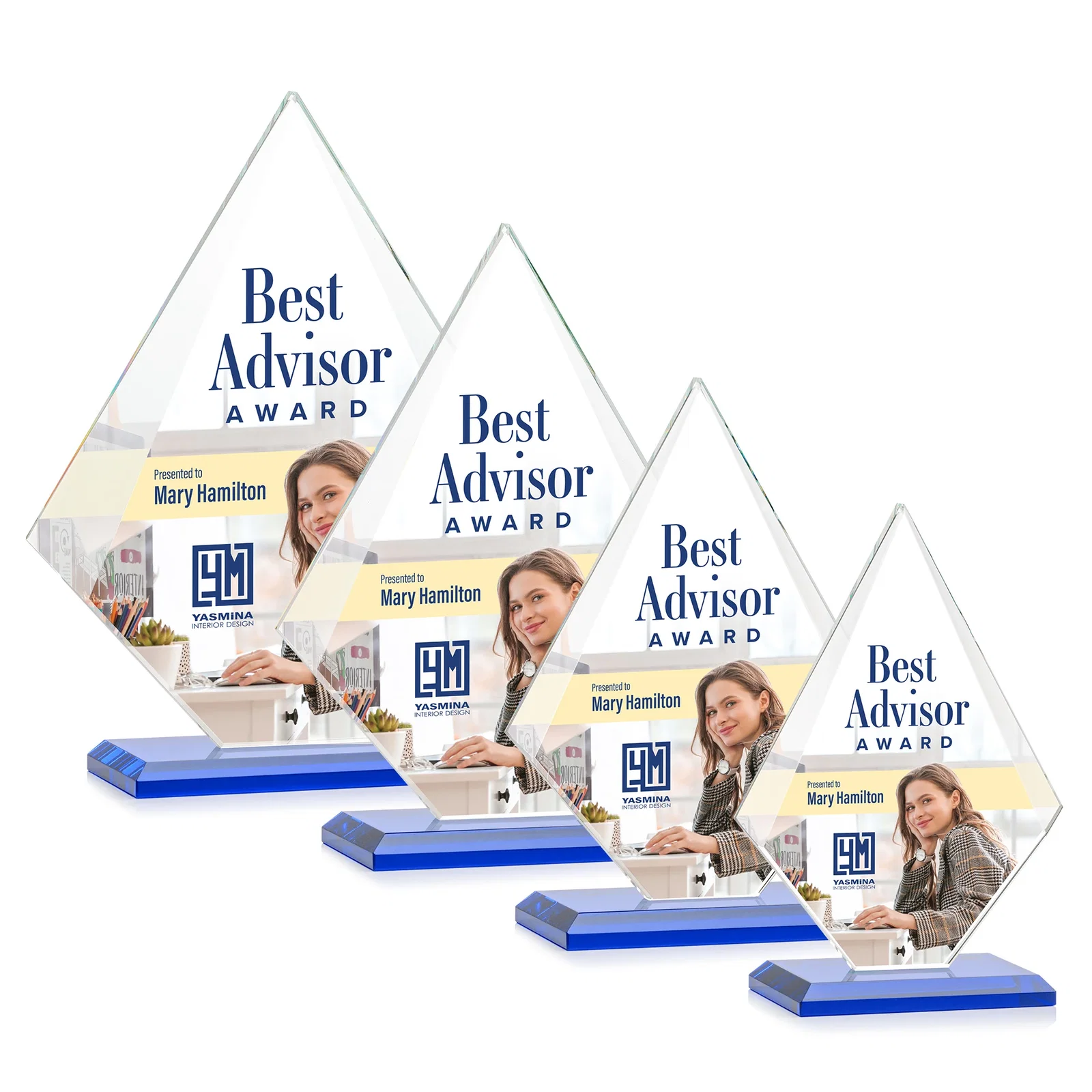Customized Jade Glass Diamond Award With Eight Distinct Colored Bases for safety achievement programs