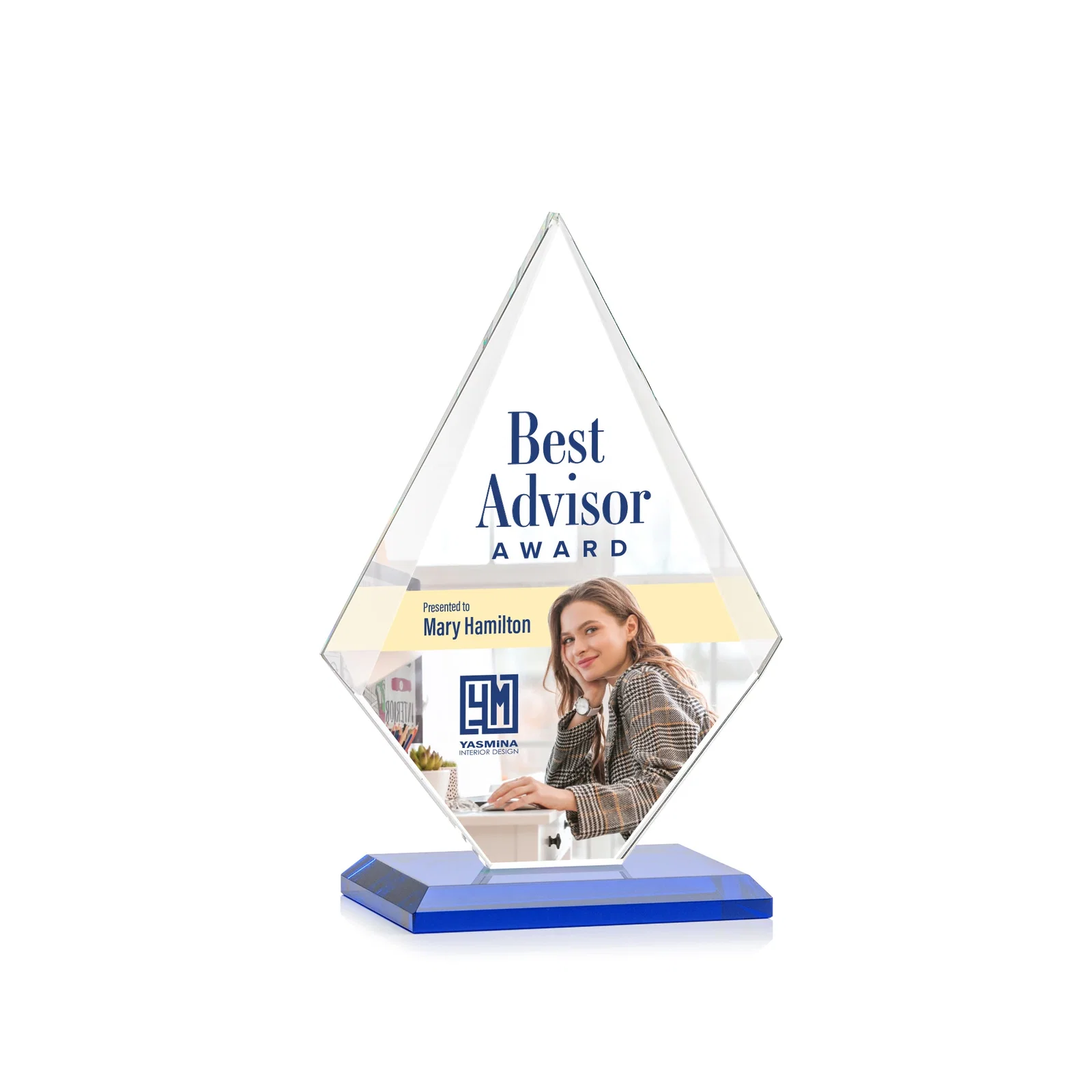 Customized Jade Glass Diamond Award With Eight Distinct Colored Bases for volunteer appreciation