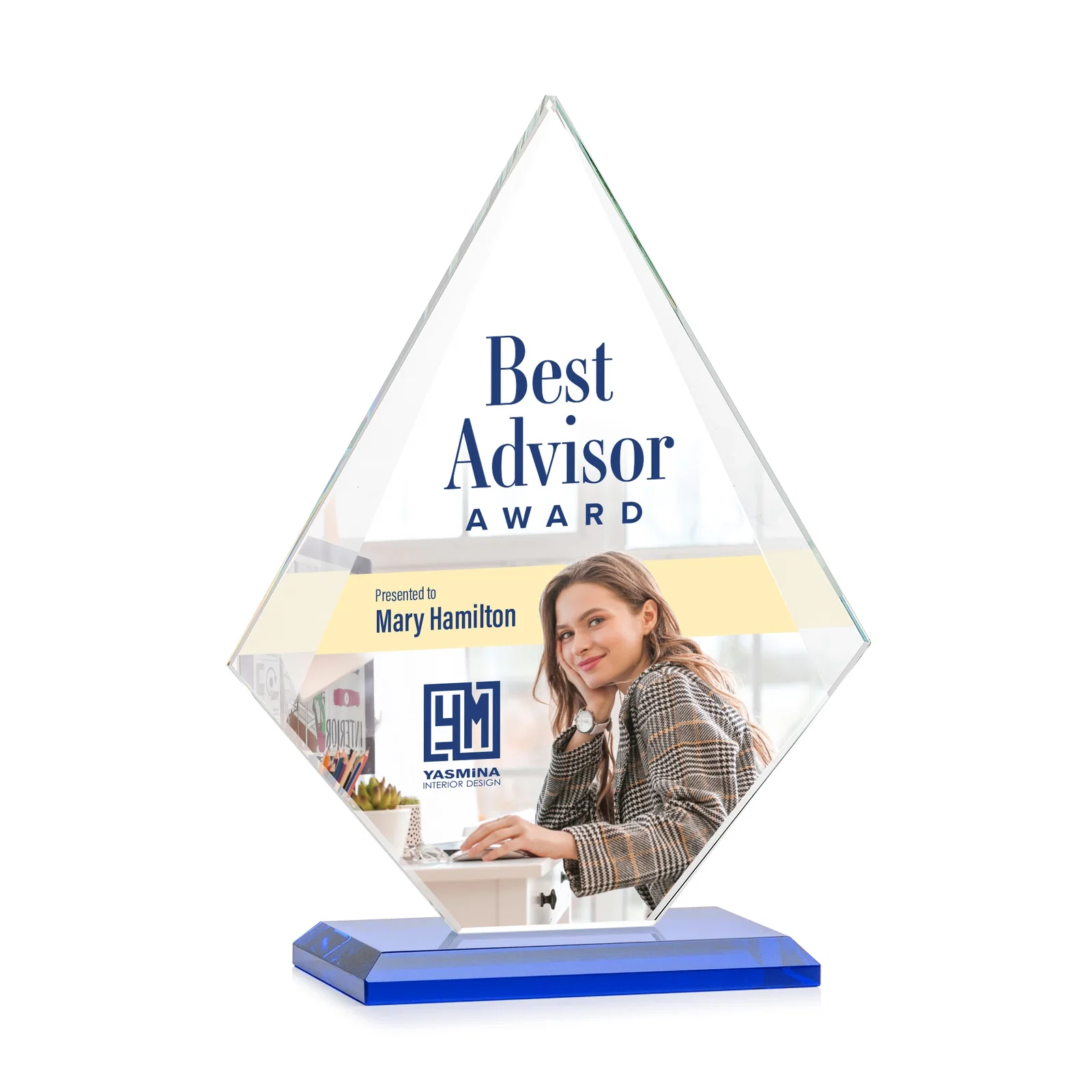 Customized Jade Glass Diamond Award With Eight Distinct Colored Bases for company anniversary events