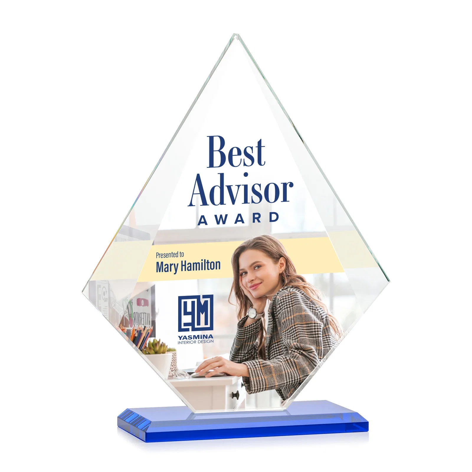 Custom engraved Jade Glass Diamond Award With Eight Distinct Colored Bases for employee recognition