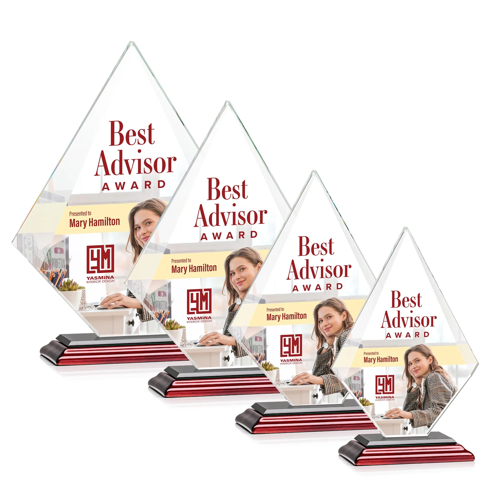 Custom engraved Jade Glass Diamond Award With Eight Distinct Colored Bases for corporate award ceremonies