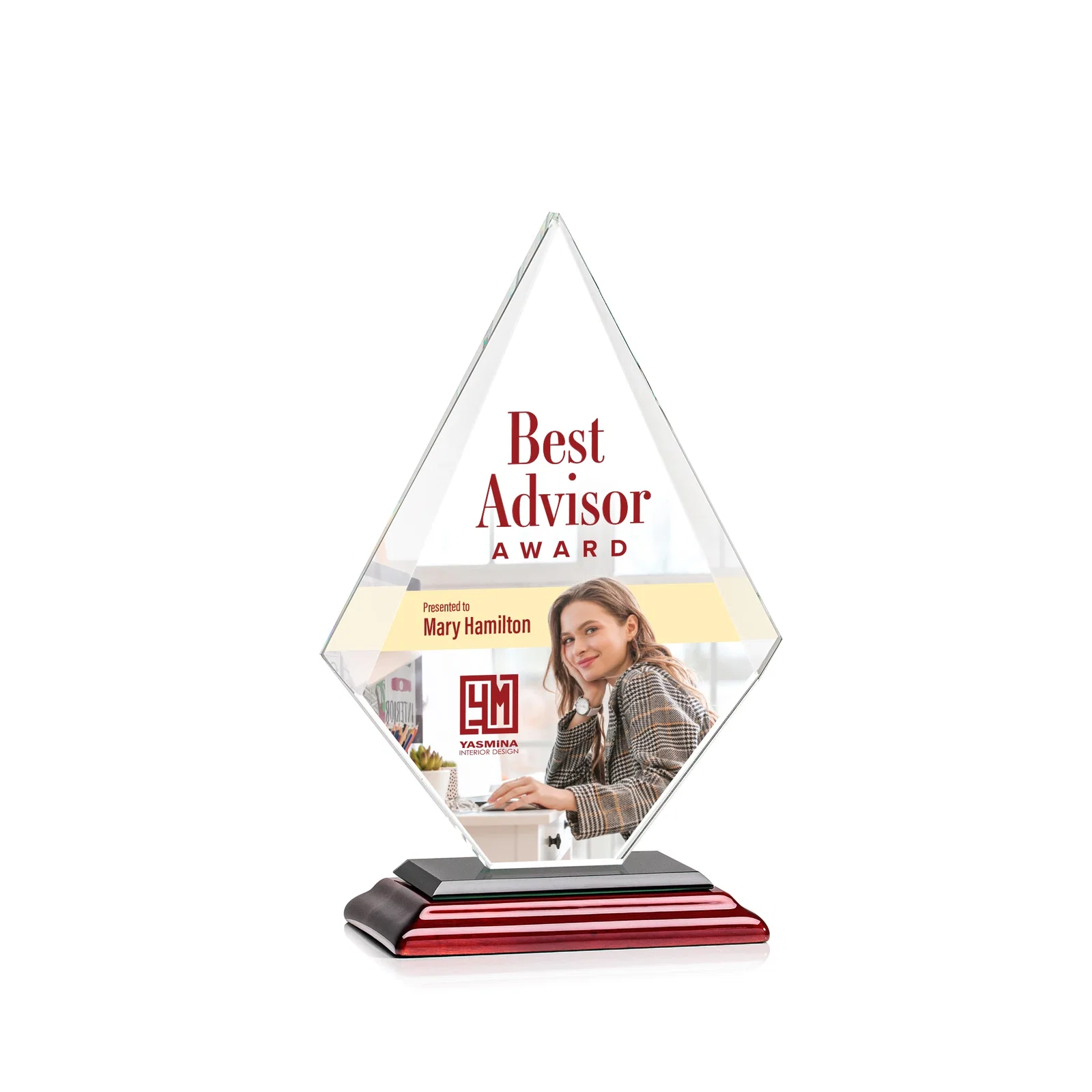 Custom engraved Jade Glass Diamond Award With Eight Distinct Colored Bases for service anniversary gifts
