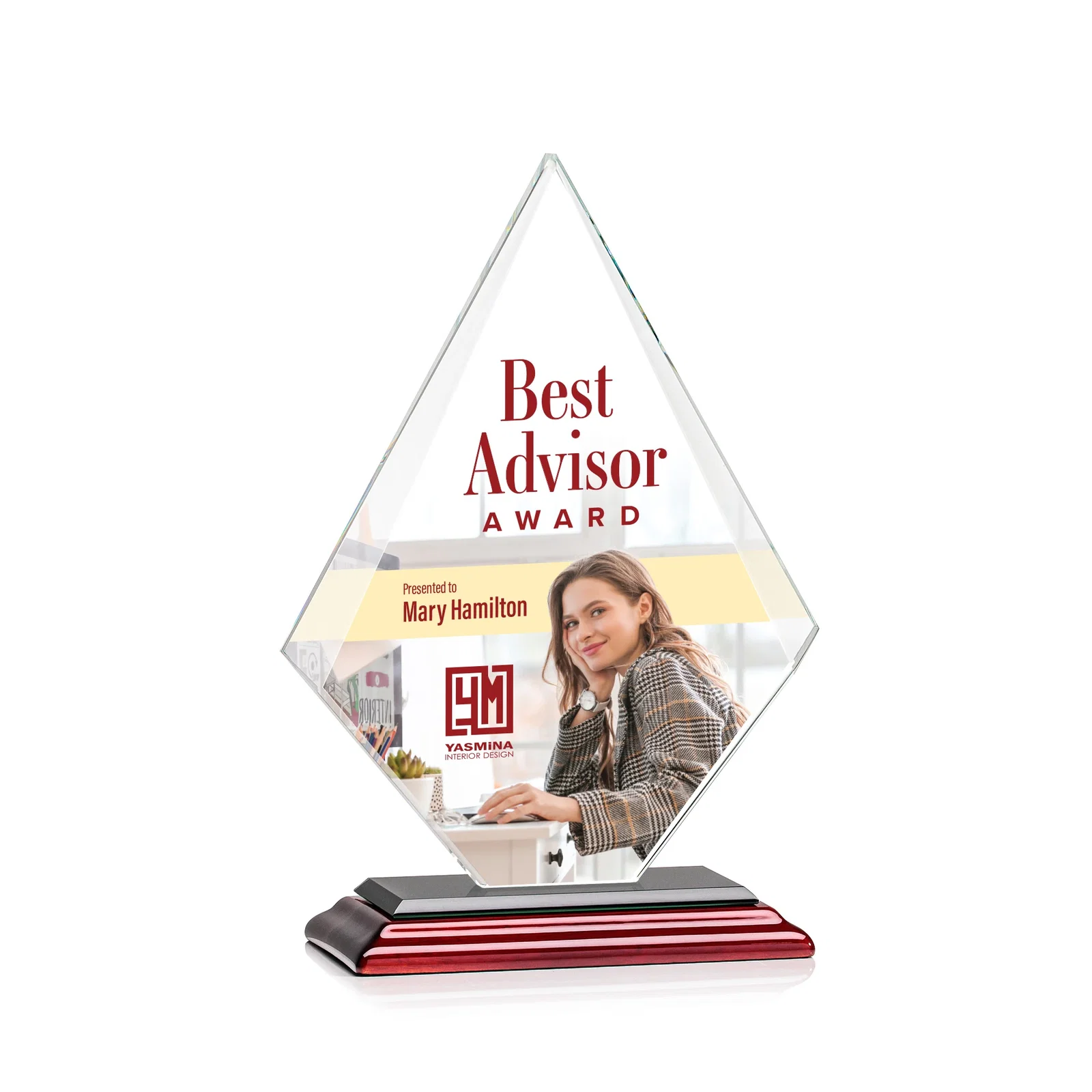 Custom engraved Jade Glass Diamond Award With Eight Distinct Colored Bases for sales achievement awards