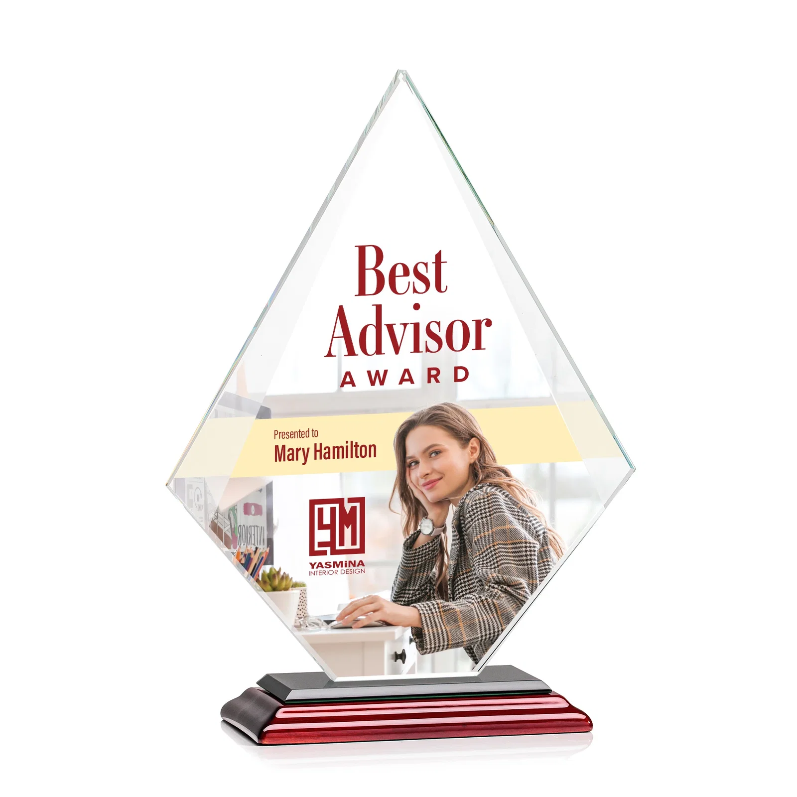 Custom engraved Jade Glass Diamond Award With Eight Distinct Colored Bases for retirement presentations