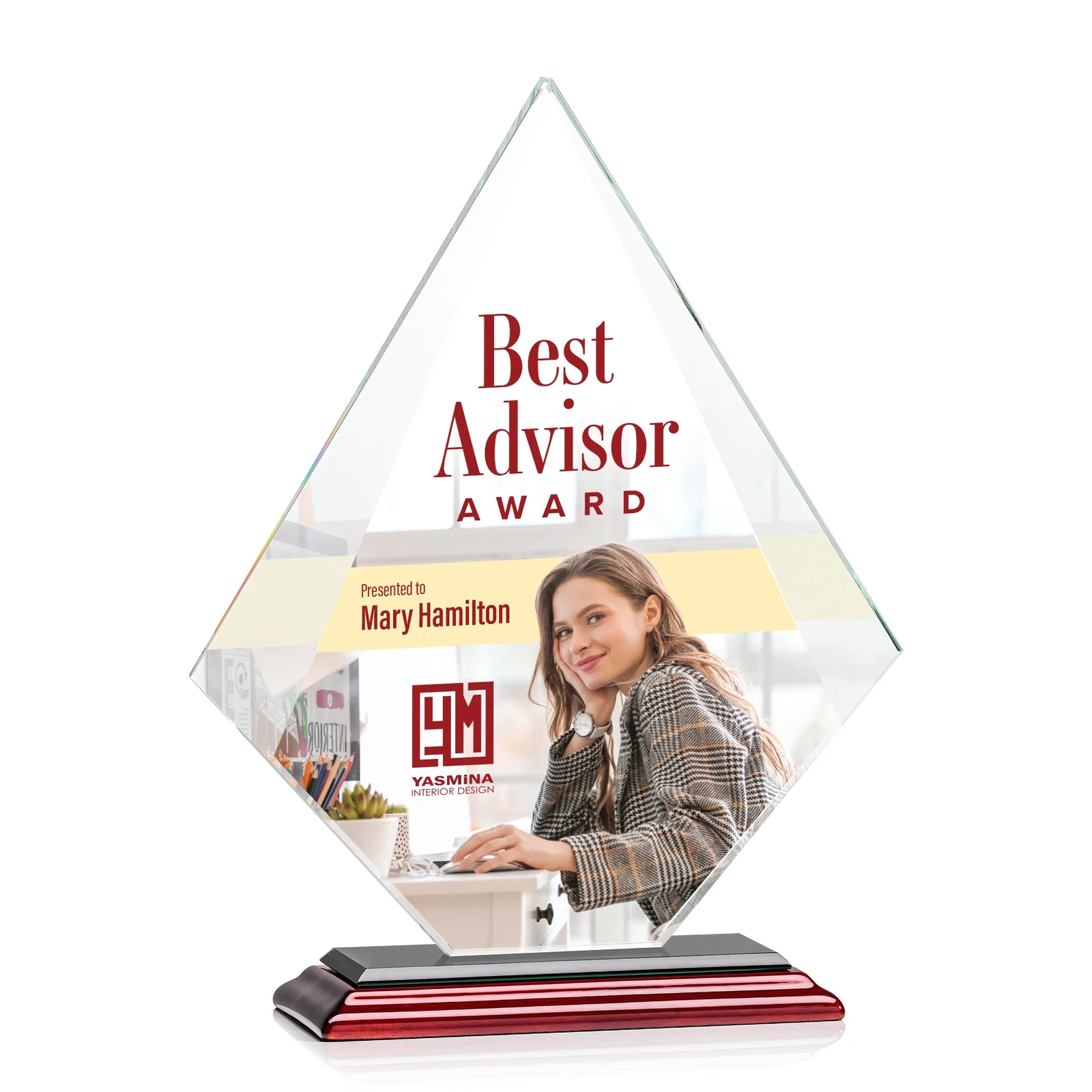 Custom engraved Jade Glass Diamond Award With Eight Distinct Colored Bases for team milestone celebrations