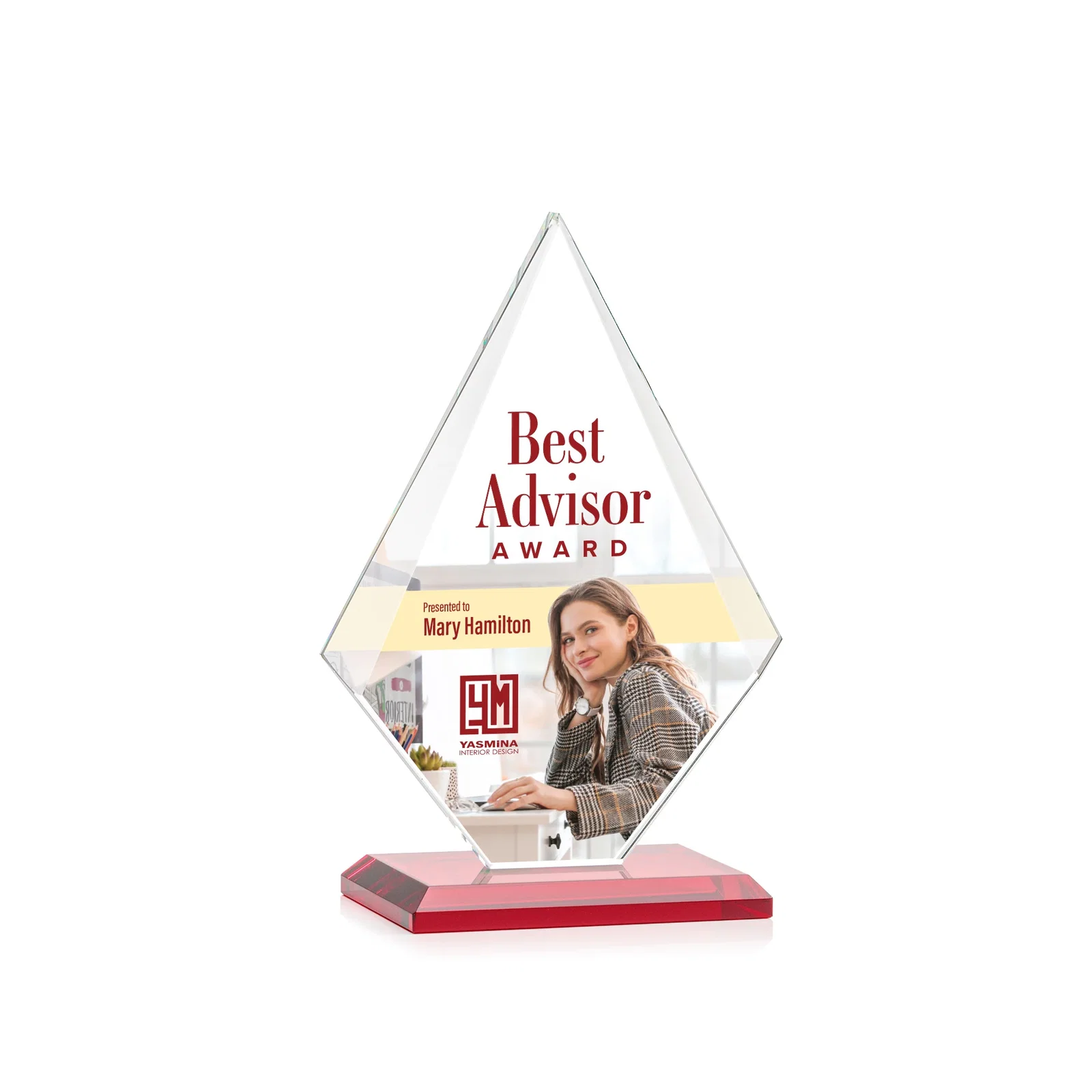 Custom engraved Jade Glass Diamond Award With Eight Distinct Colored Bases for graduation ceremonies