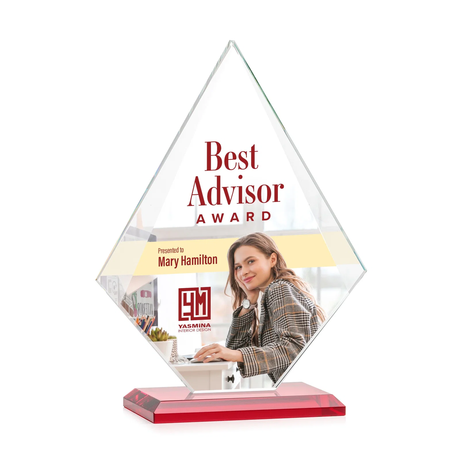 Custom engraved Jade Glass Diamond Award With Eight Distinct Colored Bases for volunteer appreciation