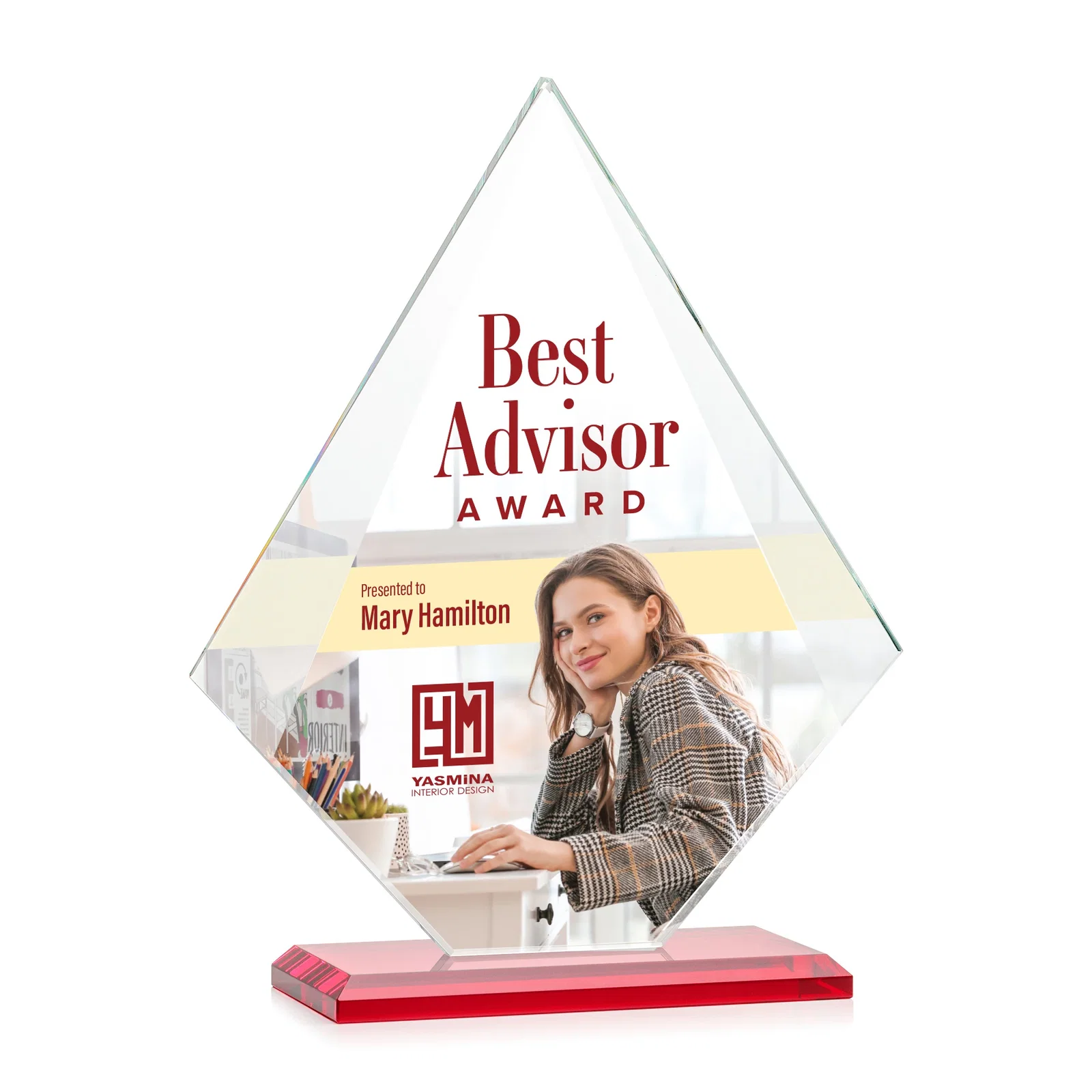 Custom engraved Jade Glass Diamond Award With Eight Distinct Colored Bases for dealer and partner awards
