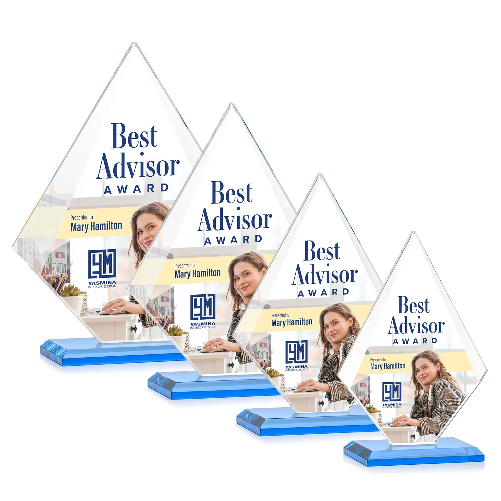 Custom engraved Jade Glass Diamond Award With Eight Distinct Colored Bases for company anniversary events