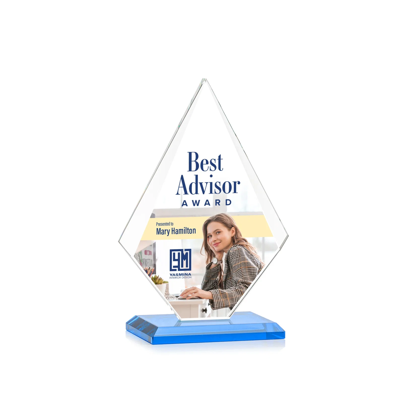 Custom Jade Glass Diamond Award With Eight Distinct Colored Bases, with your logo for employee recognition