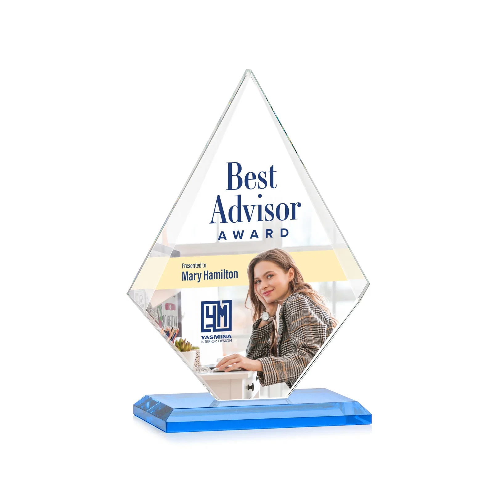 Custom Jade Glass Diamond Award With Eight Distinct Colored Bases, with your logo for corporate award ceremonies