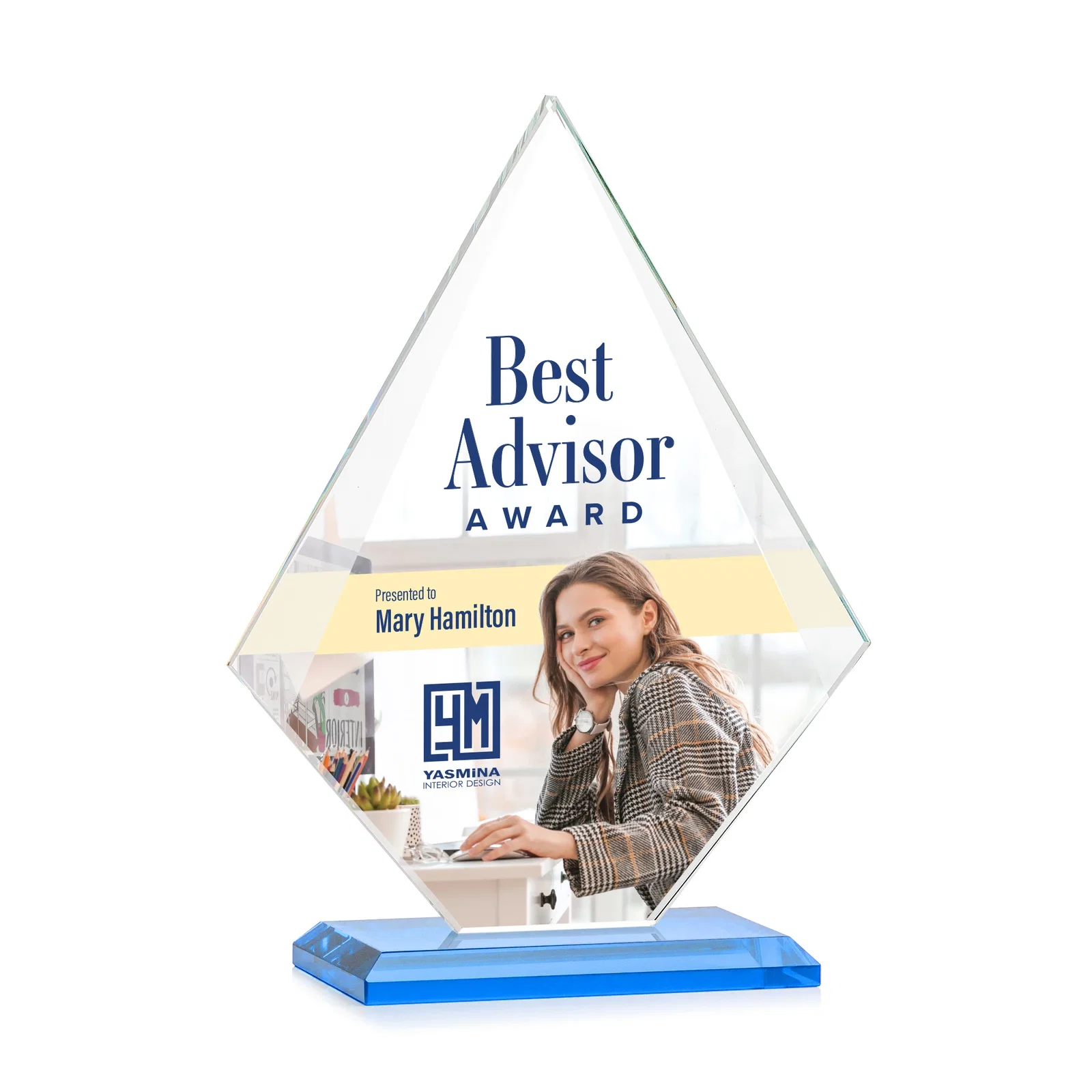Custom Jade Glass Diamond Award With Eight Distinct Colored Bases, with your logo for service anniversary gifts