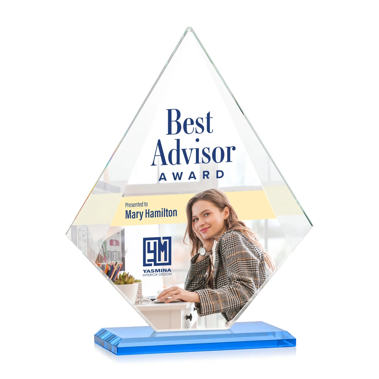 Custom Jade Glass Diamond Award With Eight Distinct Colored Bases, with your logo for sales achievement awards