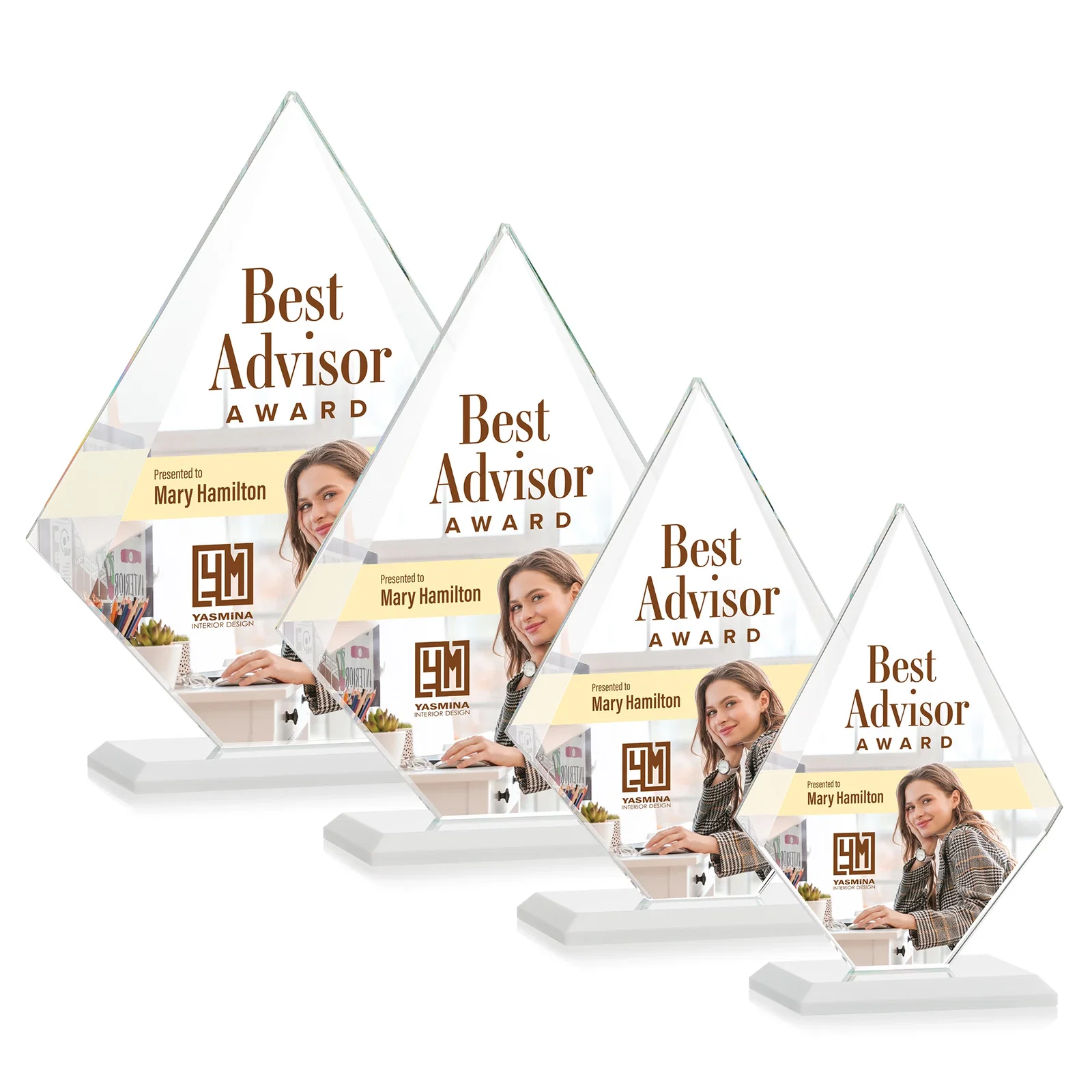 Custom Jade Glass Diamond Award With Eight Distinct Colored Bases, with your logo for retirement presentations