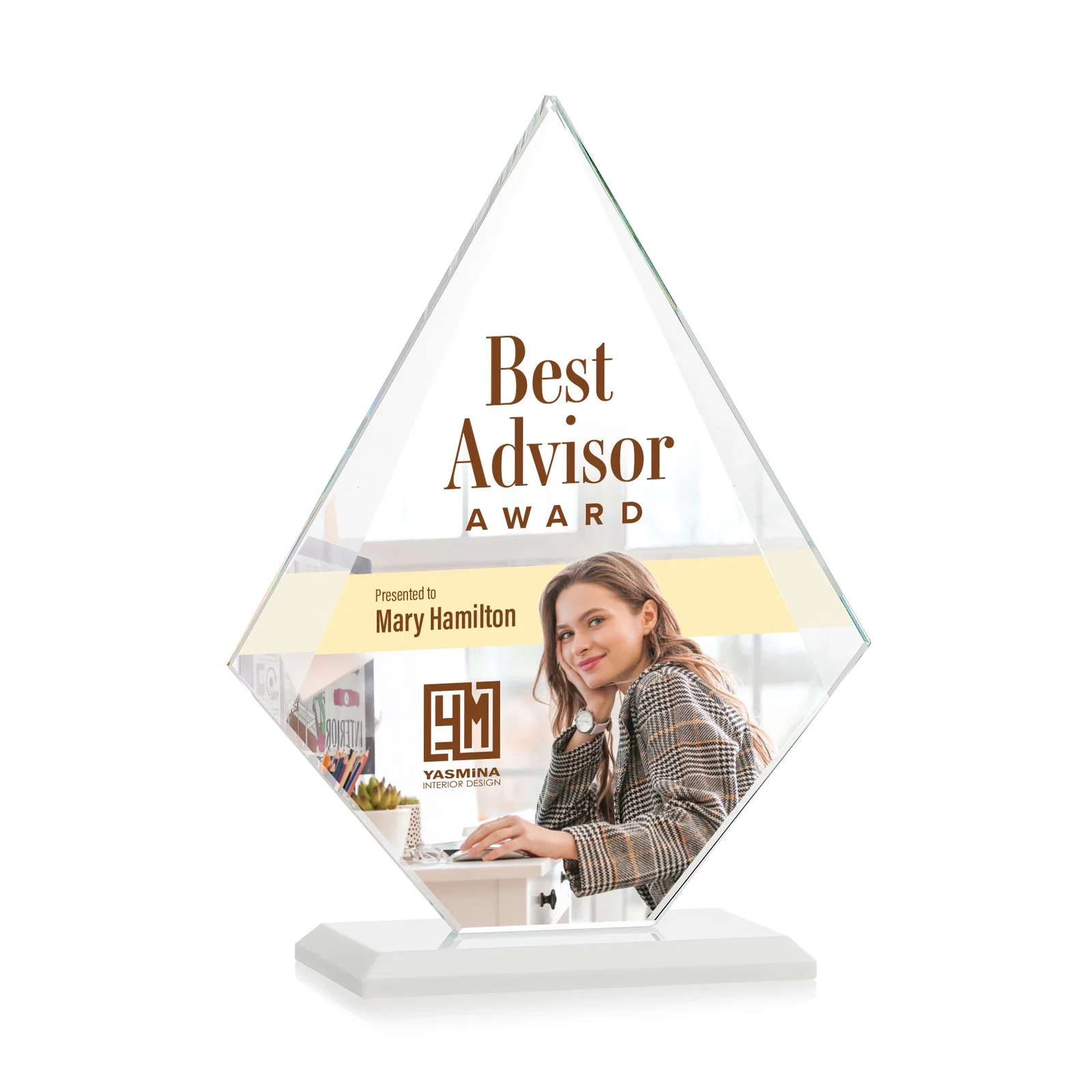 Custom Jade Glass Diamond Award With Eight Distinct Colored Bases, with your logo for graduation ceremonies