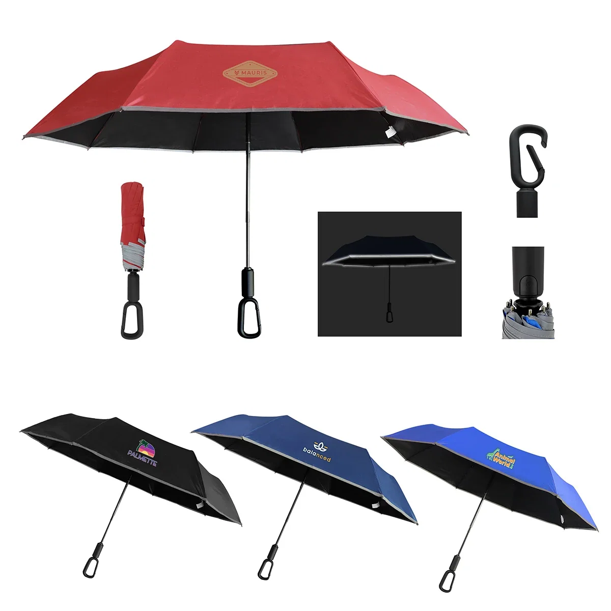 Custom reflective carabiner umbrella with logo imprint area